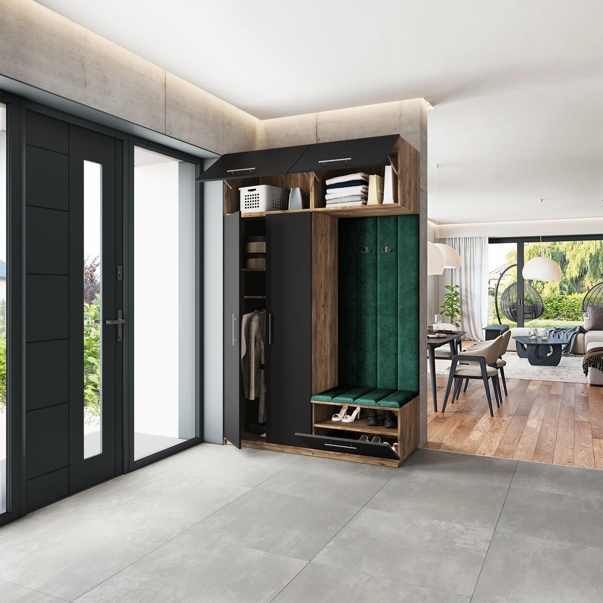 GARDEROBENSCHRANK REMA 150/240/60 cm Modern Garderobe-Set Eiche Lefkas - Eichefarben/Schwarz, Holzwerkstoff (150/240/60cm) - MASSENO