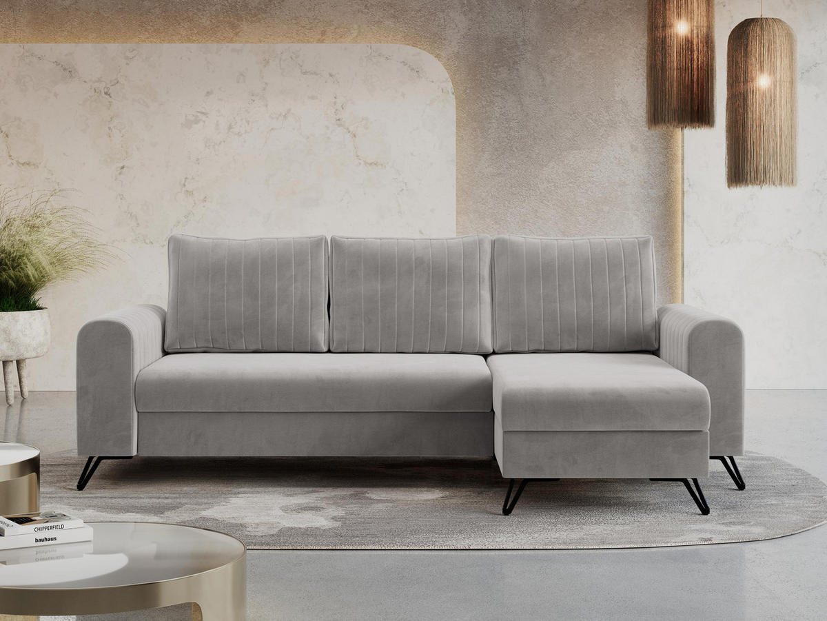 ECKSOFA Axel Velvet Hellgrau - Hellgrau/Schwarz, Textil/Metall (242/140cm) - MKS