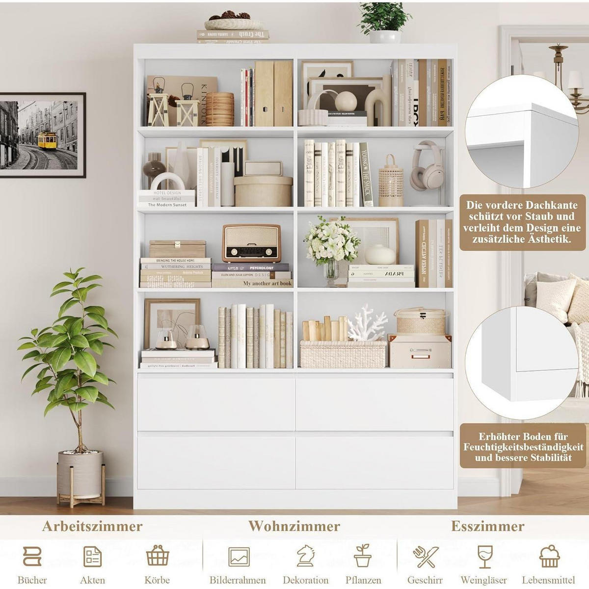 BÜCHERREGAL mit 4 Schubladen weiß 120 x 30 x 180 cm - Weiß, Holzwerkstoff (120/180/30cm)