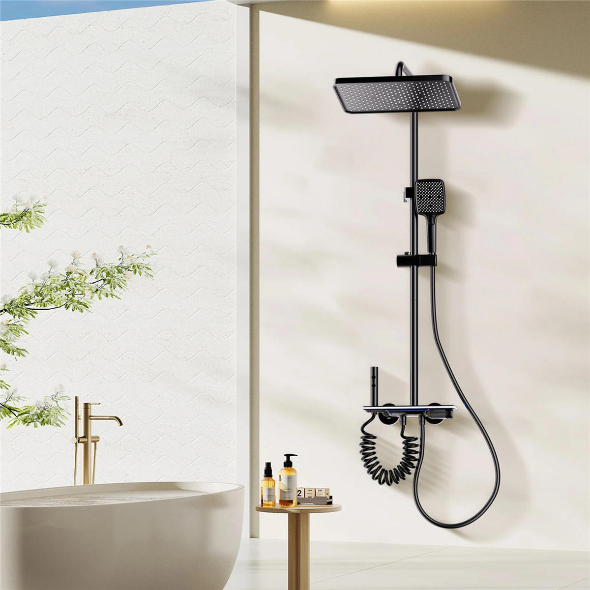ÜBERKOPFBRAUSESET Digitalanzeige LED Kupfer Glas Regendusche, schwarz - Schwarz, Metall (20/135/31cm) - Bextcok