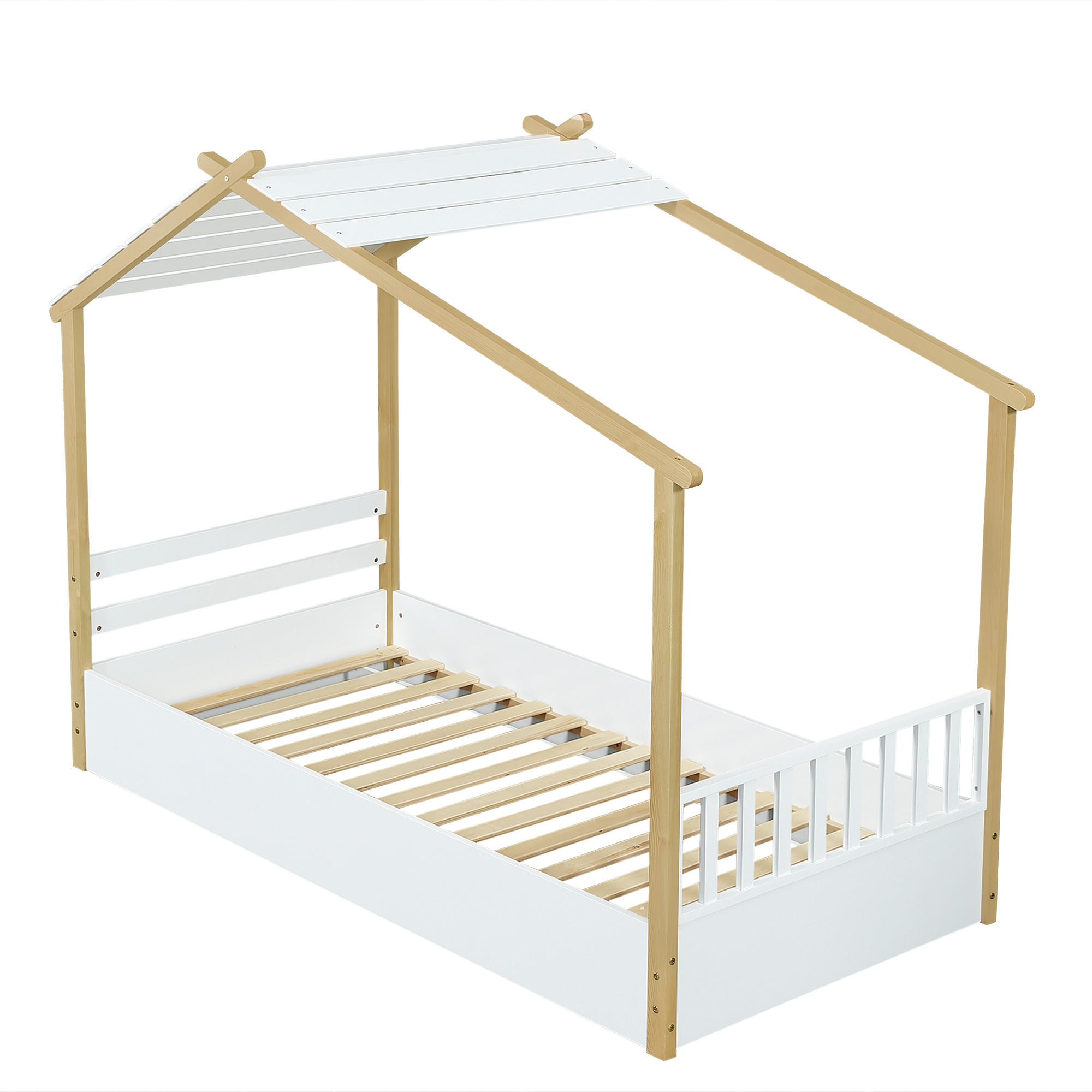 HAUSBETT 90/190 cm DE-02247, in Weiß/Natur, mit Holzhausdesign - Weiß, Holz/Holzwerkstoff (90/190cm) - ComfortXL