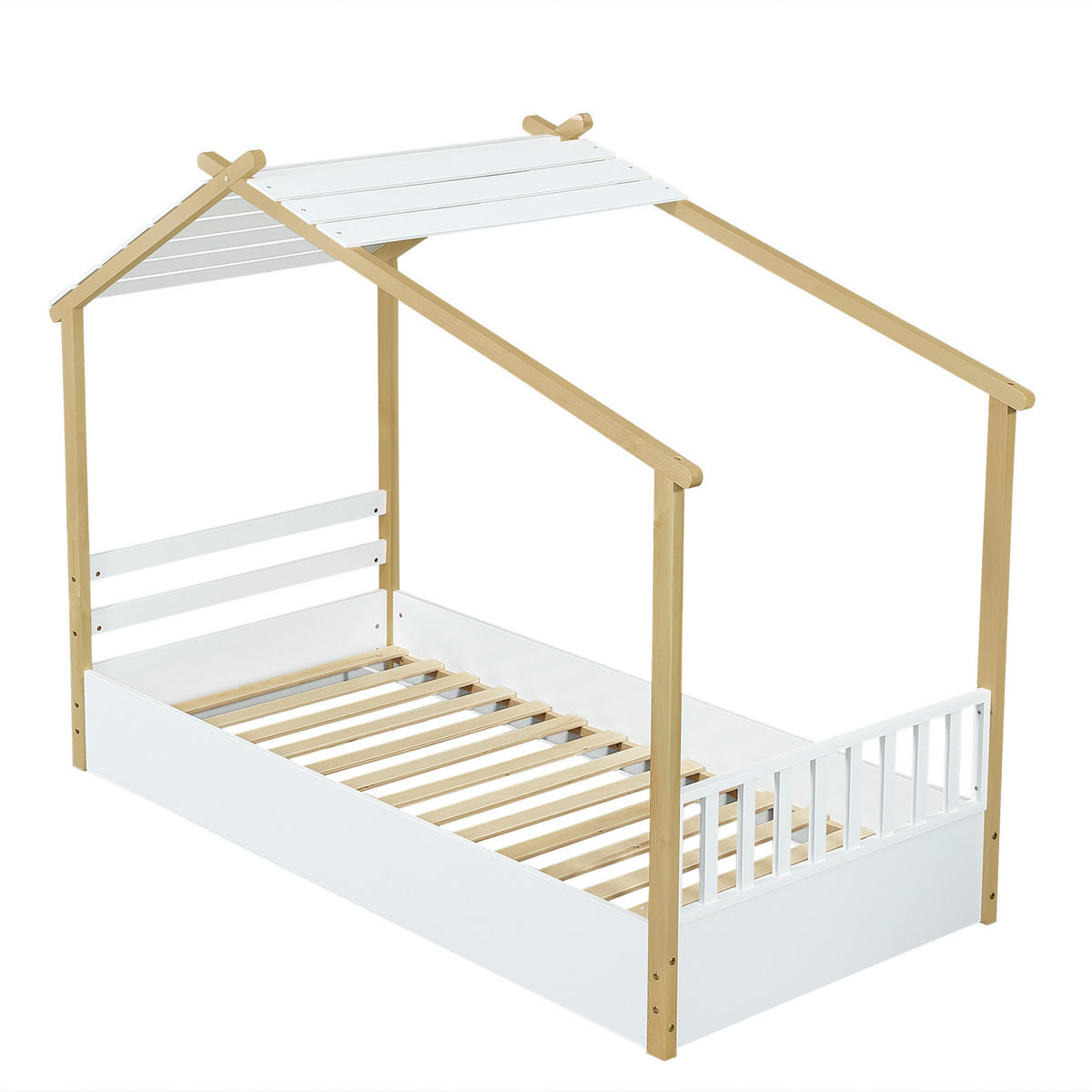 HAUSBETT aus Kiefer, Spanplatte und MDF 90x190 cm Weiß/Natur mit Lattenrost im Hausdesign - Weiß, Holzwerkstoff (90/200cm) - Modfu