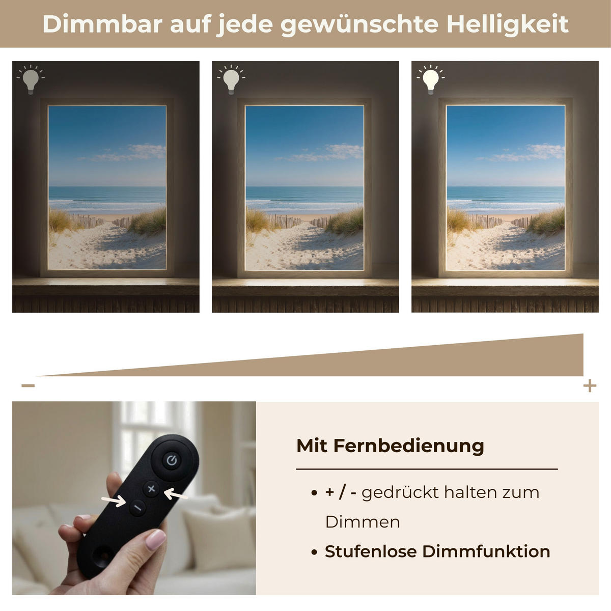 NÁSTĚNNÁ LAMPA S AKUMULÁTOREM Pláž - moře - duny - písek - léto 30x40 cm - písková barva, kompozitní dřevo (30/40/8cm) - OnlyWow