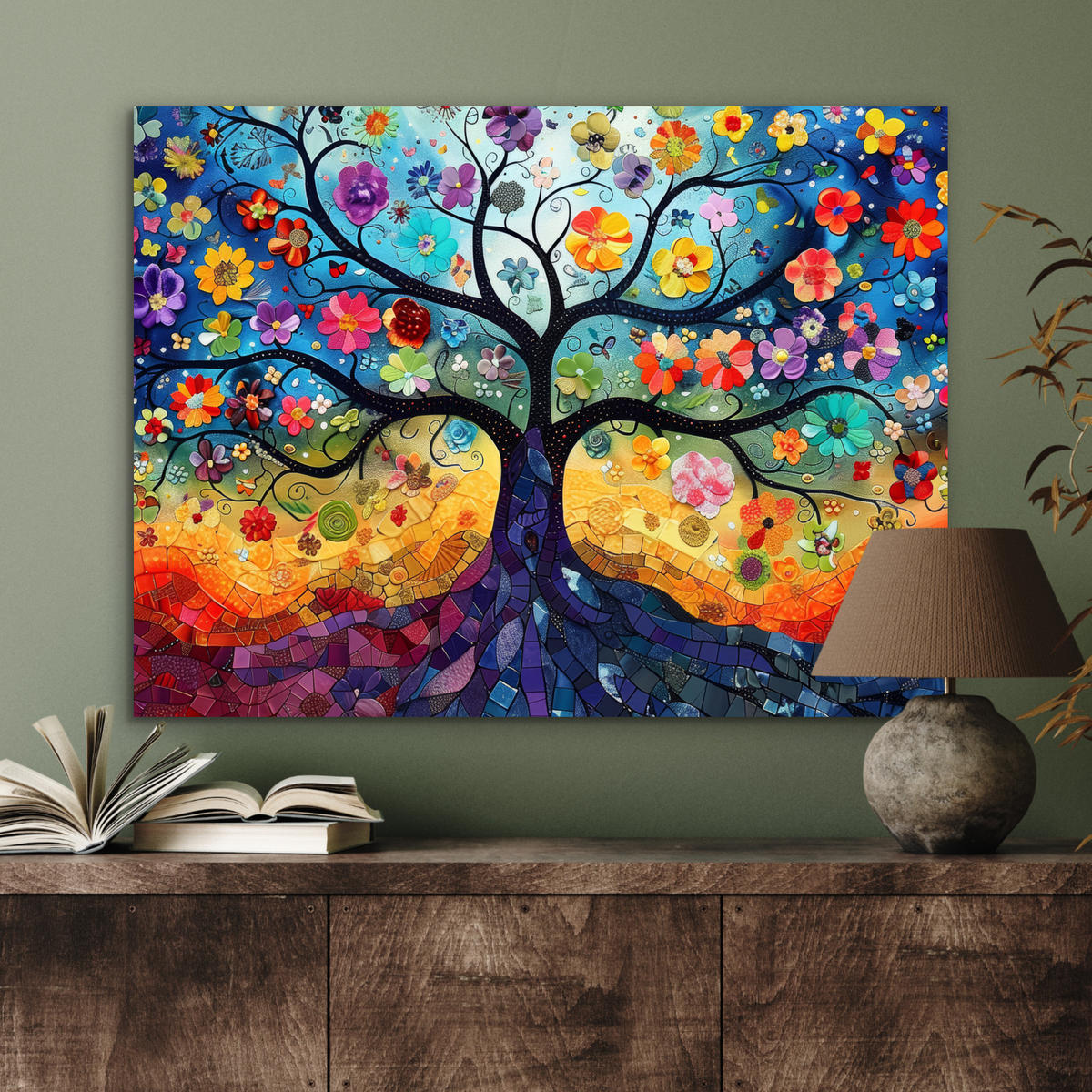 KOVOVÝ OBRAZ Umenie - Strom života - Kvety - Hippie 80x60 cm - tmavomodrá, kov (80/60cm) - MuchoWow