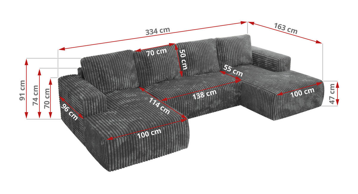 WOHNLANDSCHAFT TRENTINO U Dunkelgrau Cord - Dunkelgrau, Textil (334/91/163cm) - MKS