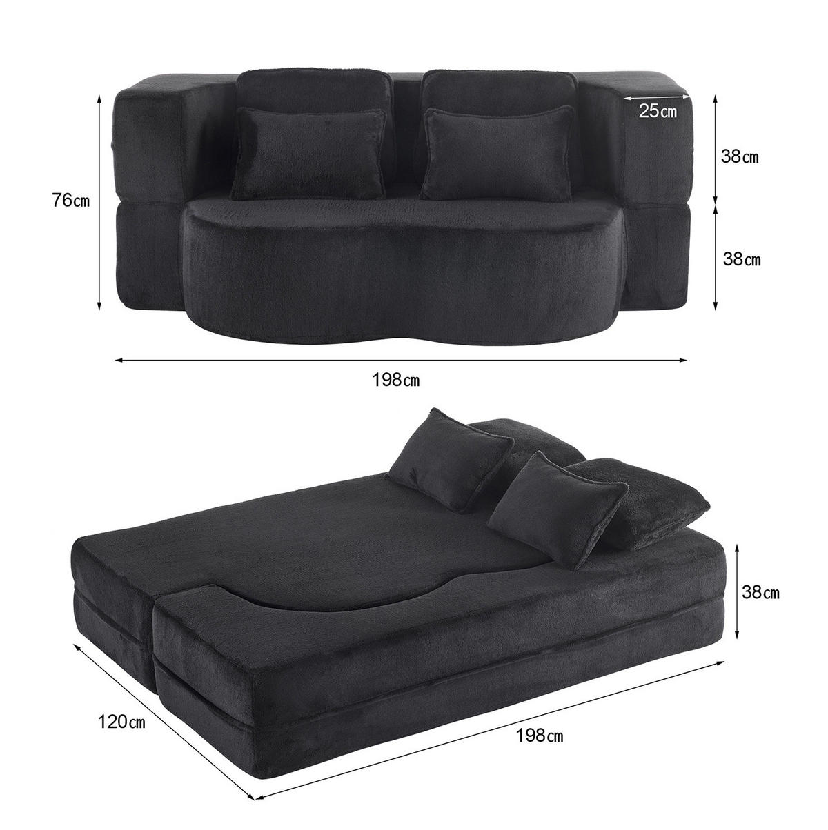 SCHLAFSOFA aus Stoff und Schaumstoff Schwarz mit 4 Kissen, klappbar, ergonomisch und sofort nutzbar - Schwarz, Textil (198/76/60cm) - Modfu