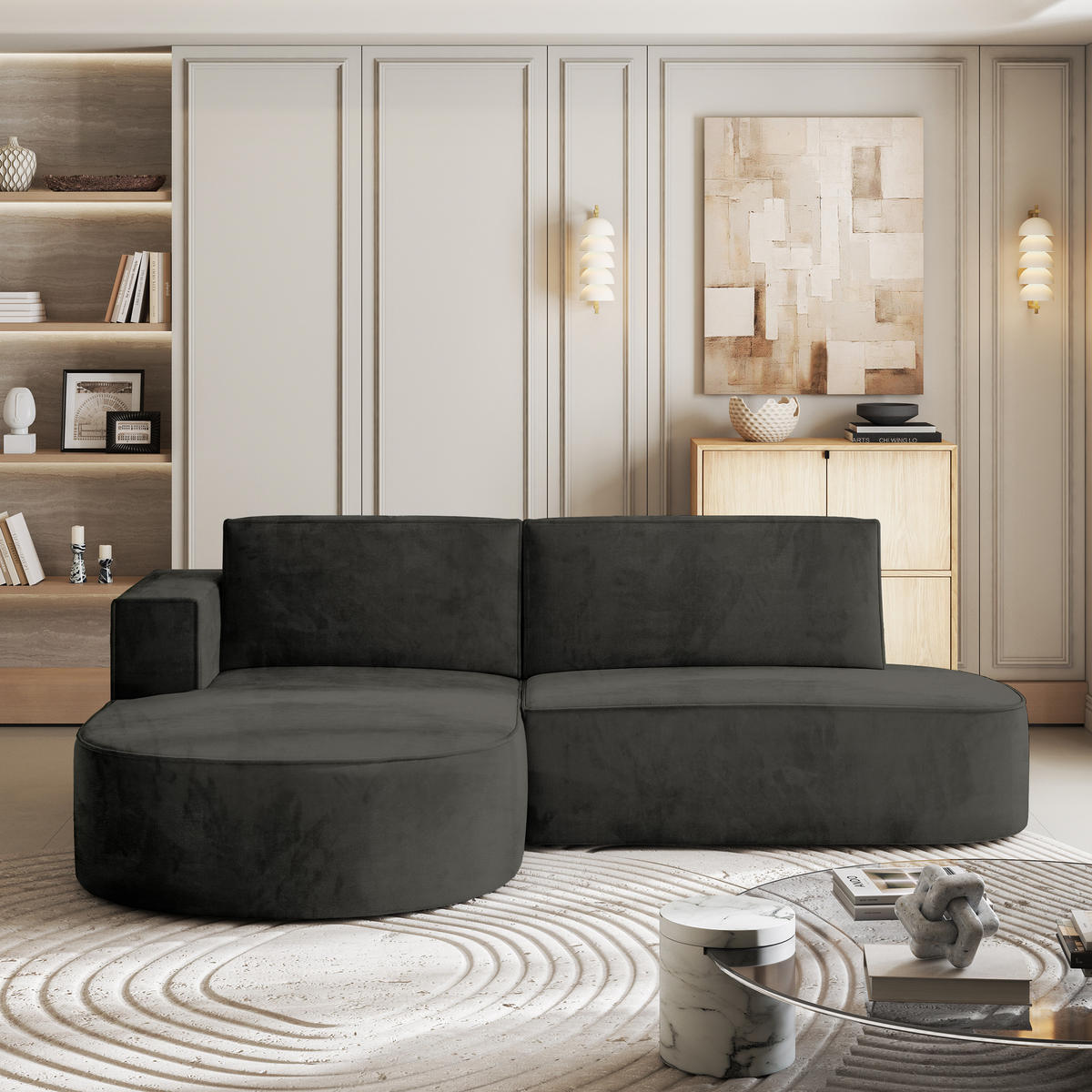 ROHOVÁ SEDAČKA CORTIO černá - šedá/černá, dřevo/textil (265/174cm) - MASSENO