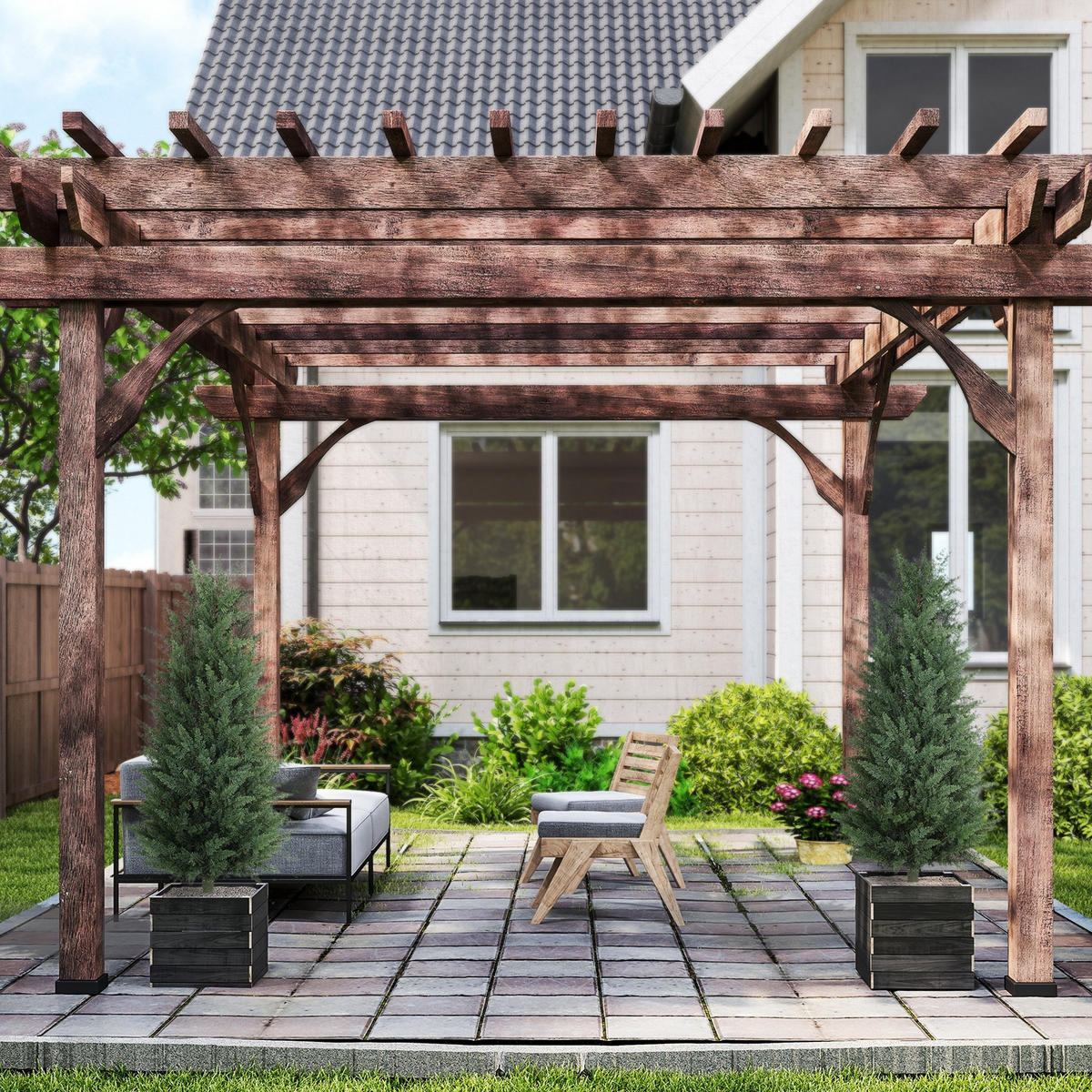 KÜNSTLICHE Zypresse 2er-Set 100 cm Plastik Kunstpflanze mit Bodenpfahl Garten - Grün, Kunststoff (100cm) - HOMCOM