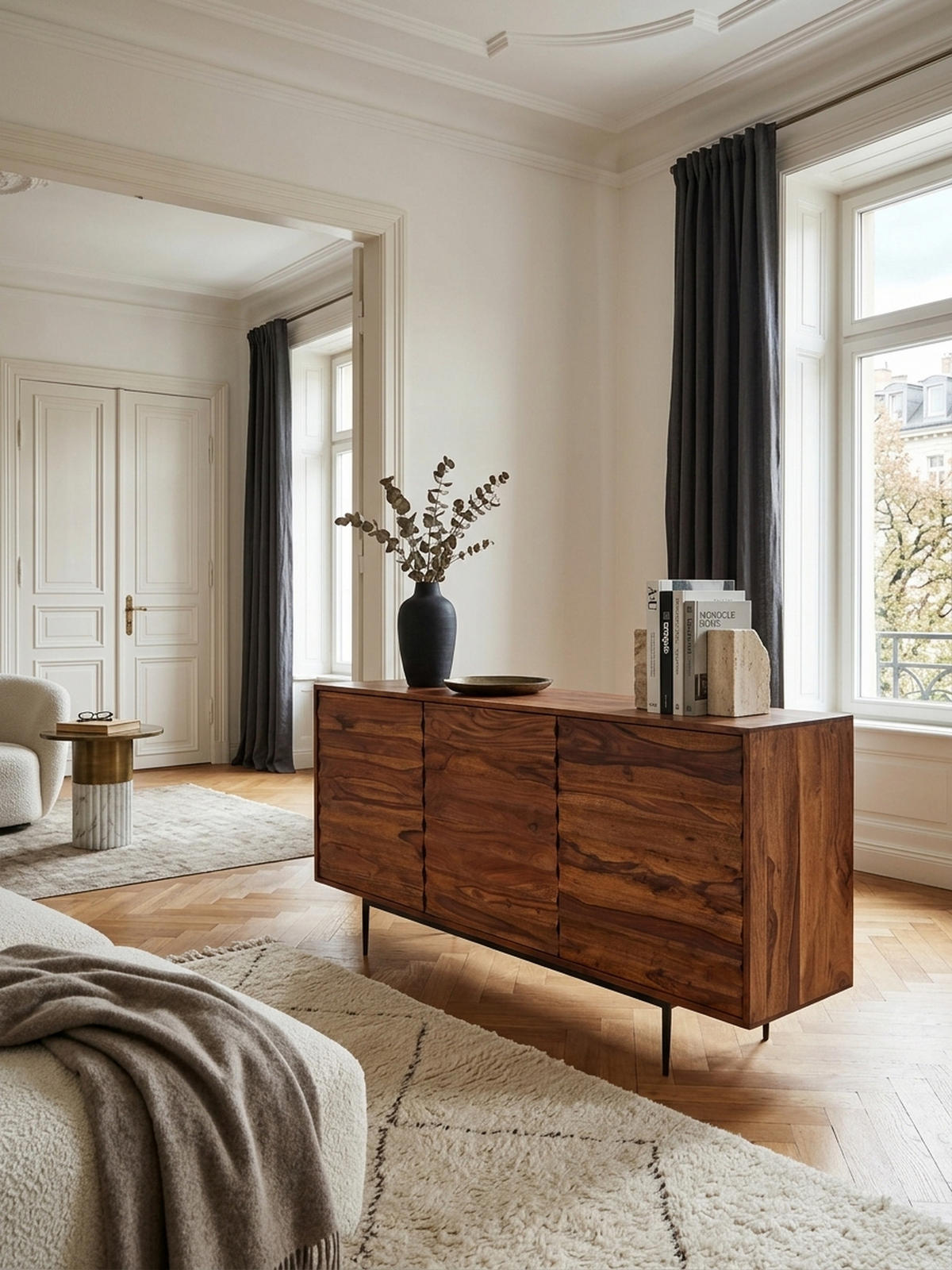 SIDEBOARD – Massivholz, 150 cm breit, 3 Türen, modern - Schwarz/Braun, Holz/Metall (150/81/41cm) - KADIMA DESIGN