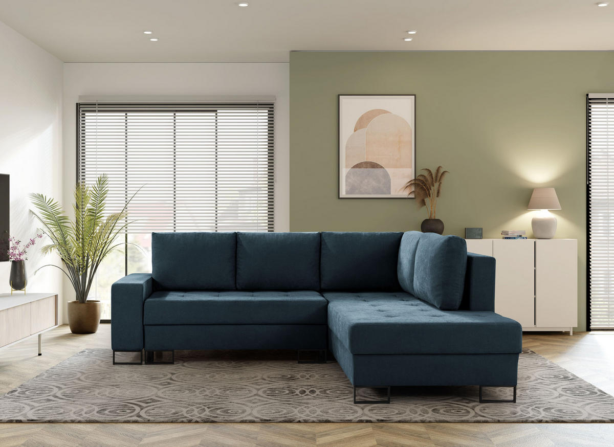 ECKSOFA mit Schlaffunktion Rechts Dunkelblau Chenille - 245x200 cm - Trevi - Schwarz/Dunkelblau, Holz/Holzwerkstoff (245/200cm) - Ravio