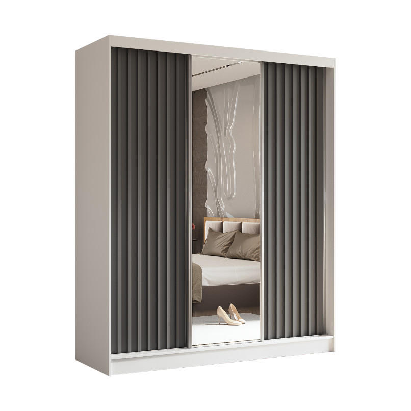 SCHWEBETÜRENSCHRANK Erika 180 cm mit Lamellen und Spiegel 3-türig, weiß, grau, Lamelle grau - Weiß/Grau, Kunststoff (180/216/51cm) - Margaret Hadas24