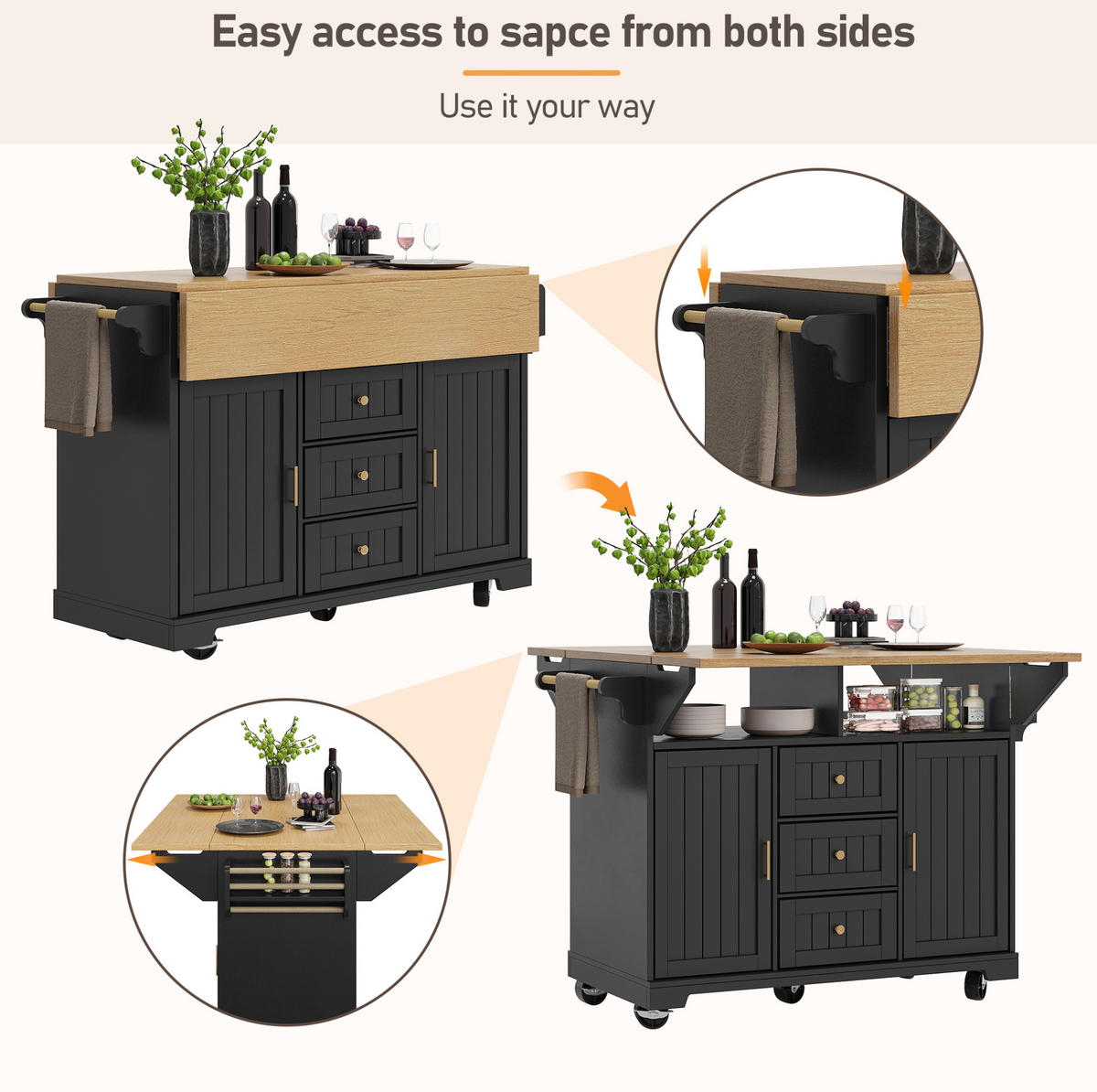 KÜCHENINSEL 120/40/95 cm Schwarz aus MDF und Metall mit klappbarer Tischplatte - Schwarz, Holzwerkstoff (40/95/120cm) - OKMYHOME
