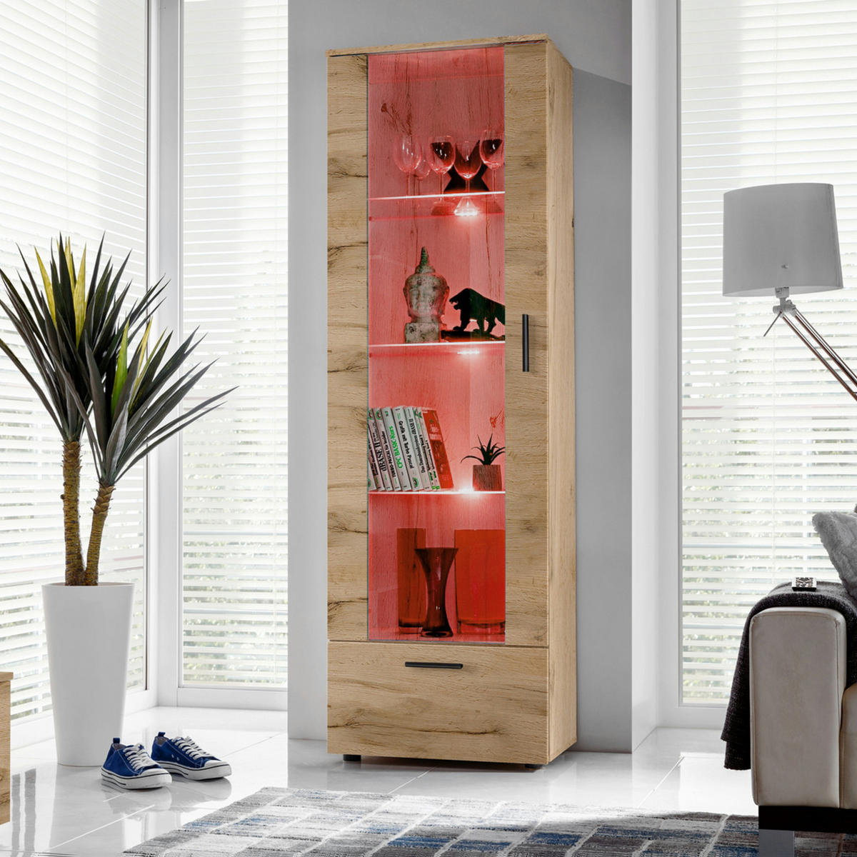 VITRINE ALESSANDRIA, Wotan, LED Mehrfarbige - Eiche Wotan/Schwarz, Glas/Holzwerkstoff (60/192/42cm) - Komodee
