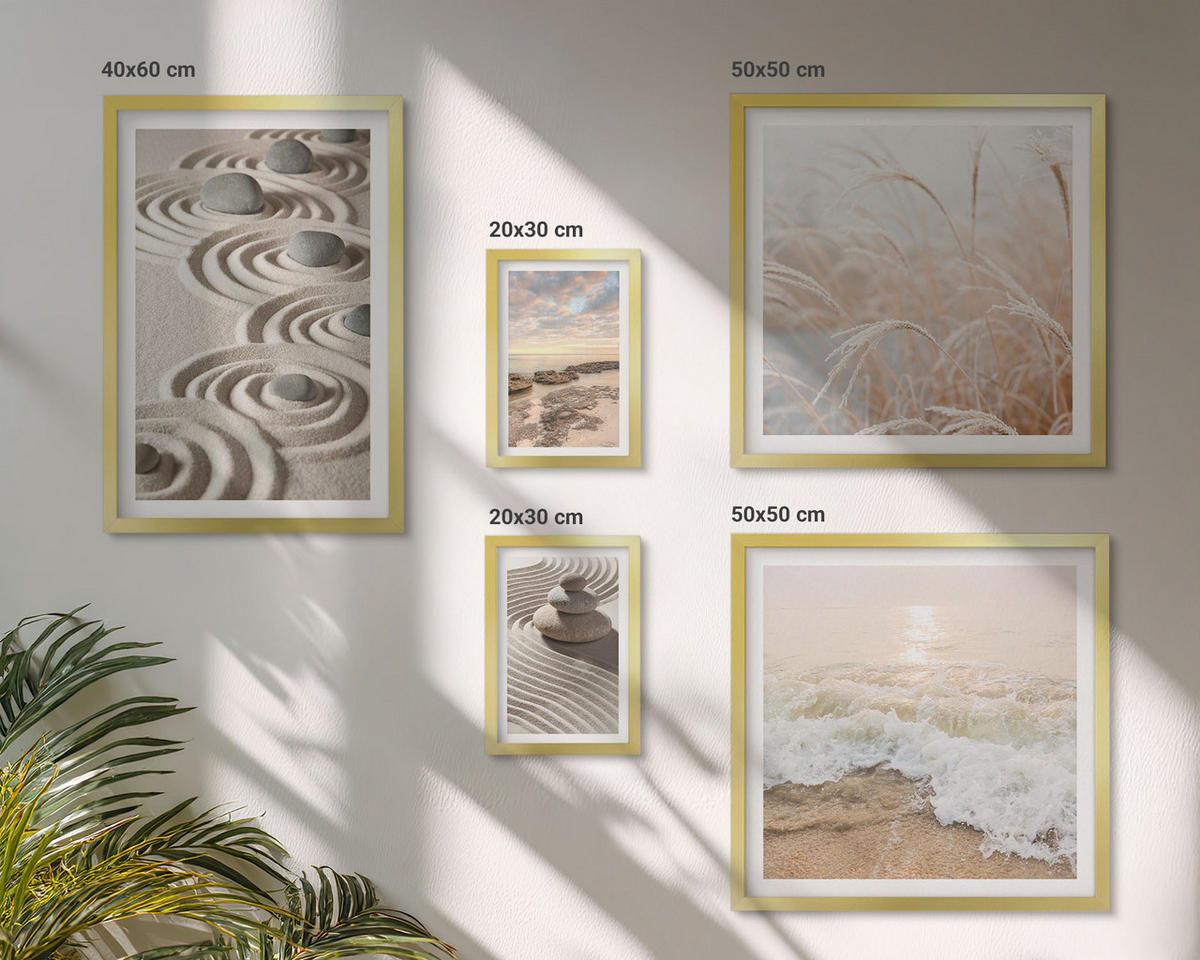 BILDER SET 5er Set - 50x50 cm & 20x30 cm & 40x60 cm Goldrahmen - Blumen im Wasser des Buddha-Wasserfalls - Goldfarben, Kunststoff (40/60cm) - TULUP