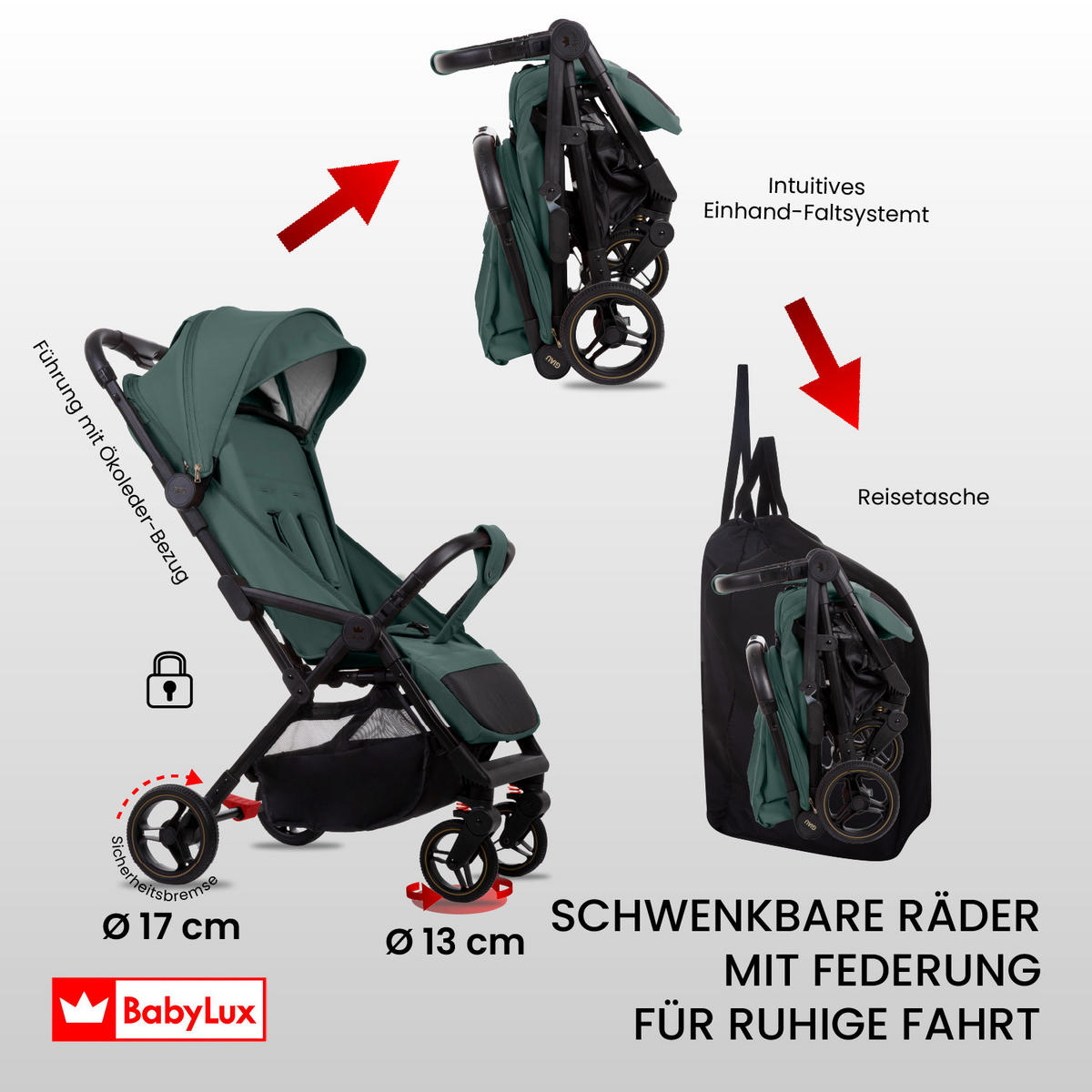 BUGGY Giau, Klein und Leicht, Teleskopische Führung, Kompakt Faltbar, Wickeltasche, Reisetasche - Schwarz/Grün, Textil/Metall (58/98cm) - BabyLux