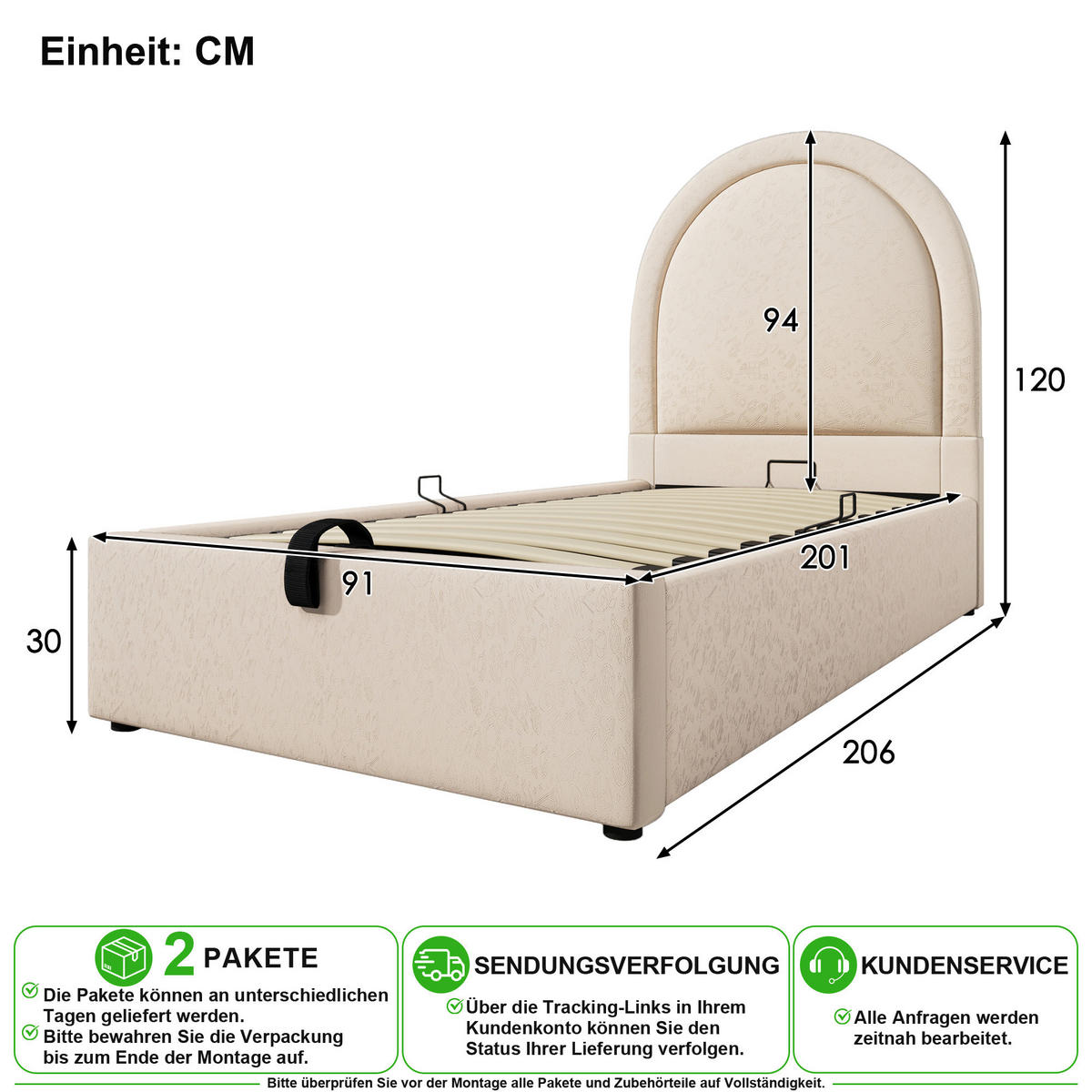 KINDERBETT 90/200 cm in Beige mit Bettkasten und Halbmond-Kopfteil aus PU - Beige, Holzwerkstoff/Textil (90/200cm) - CHICFURN