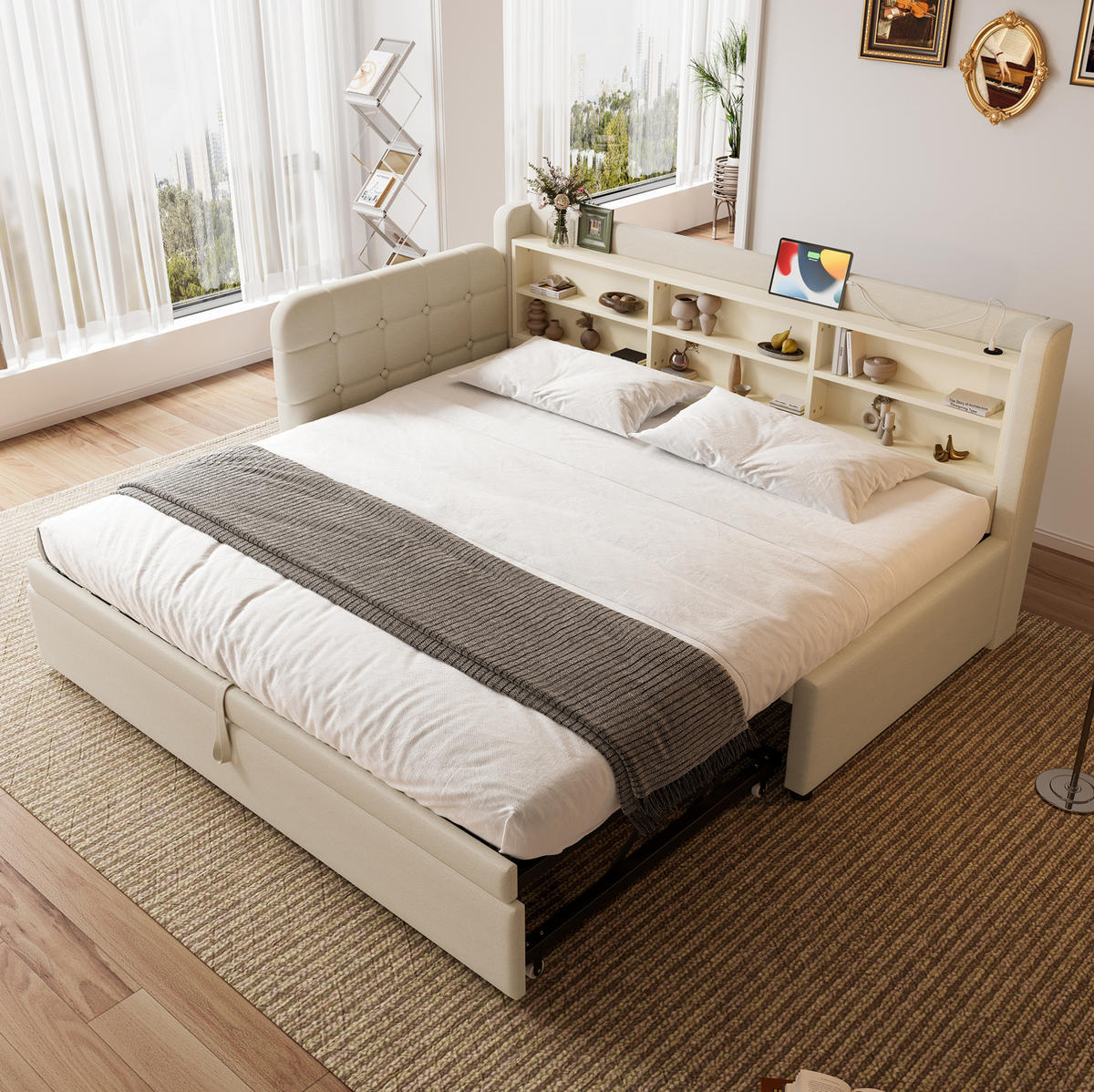 POLSTERBETT 90/200 cm mit Ausziehbett, USB- und USB-C-Anschluss, Ablagefächern und Lattenrost, Beige - Beige, Textil (90/200cm) - Redom
