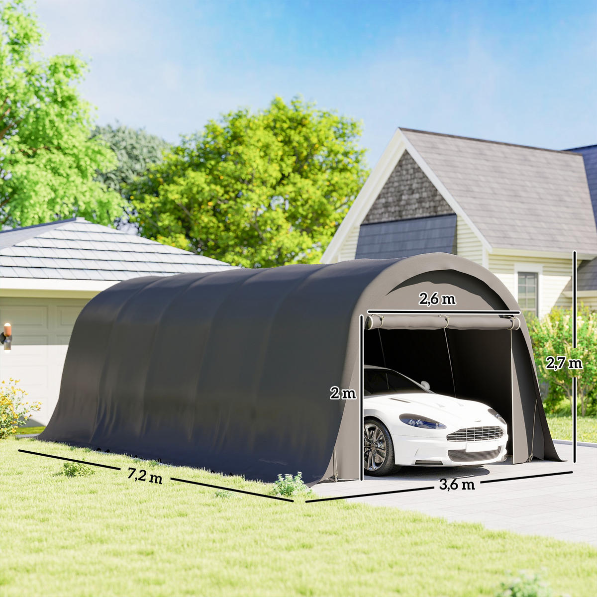 CARPORT DE-12720 360/720/270 cm UPF50+ mit Seitenwänden Dunkelgrau - Dunkelgrau, Metall (360/270/720cm) - ComfortXL