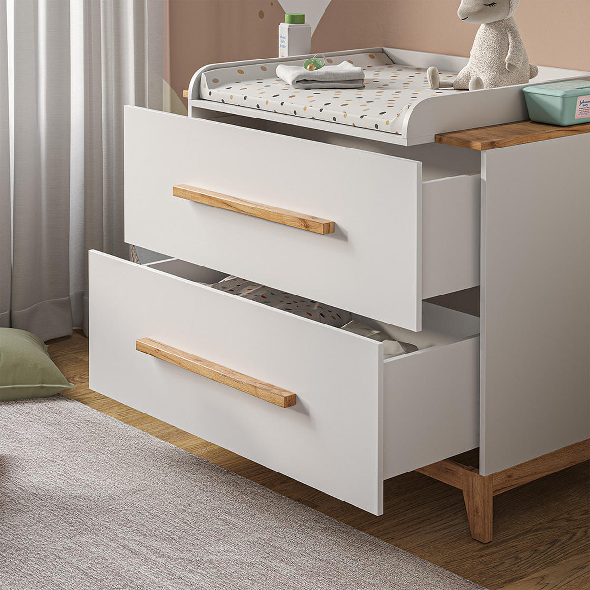 WICKELKOMMODE Malia Weiß/Artisan 108 x 98 cm mit 2 Schubladen - Hellgrau/Weiß, Holzwerkstoff (108/98/70cm) - VitaliSpa