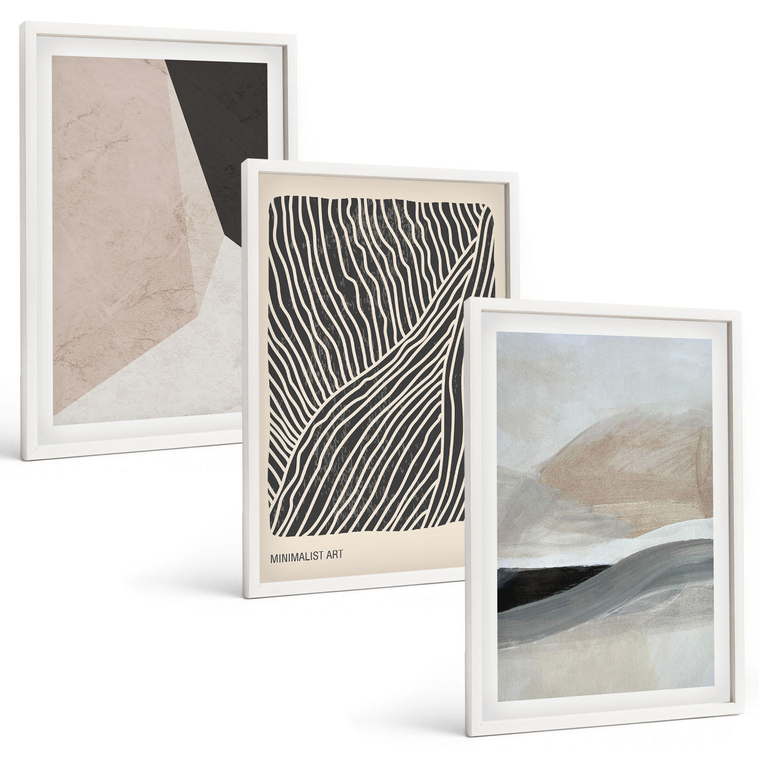 BILDER SET 3er Set - 40x60 cm Weißer Rahmen - Abstrakte Muster in Beige und Grau - Weiß, Kunststoff (40/60cm) - TULUP