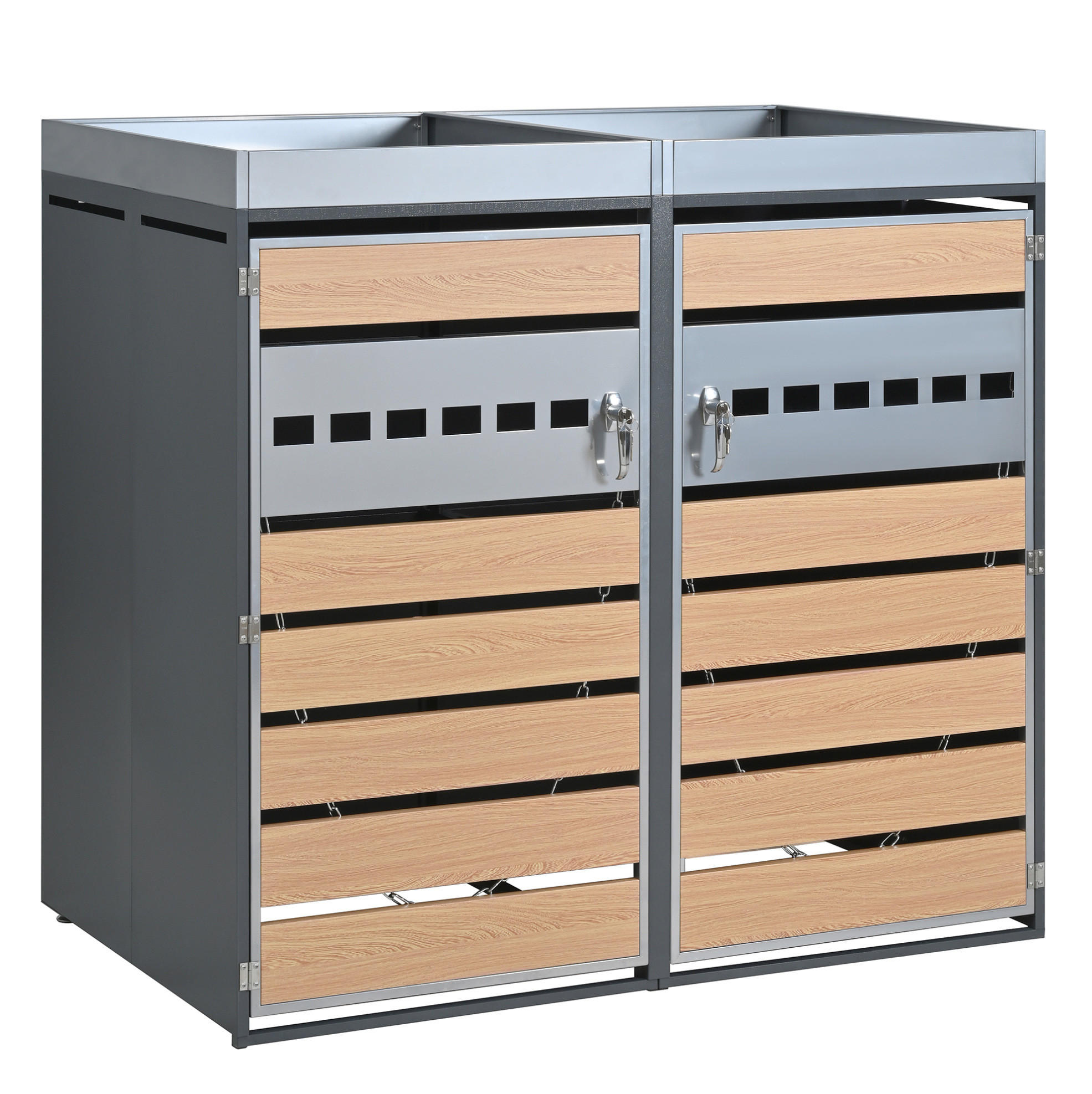 MÜLLTONNENBOX aus Stahl in Grau Holzoptik mit Pflanztrog & Belüftung - Grau, Metall (132/124.5/80cm) - Modfu