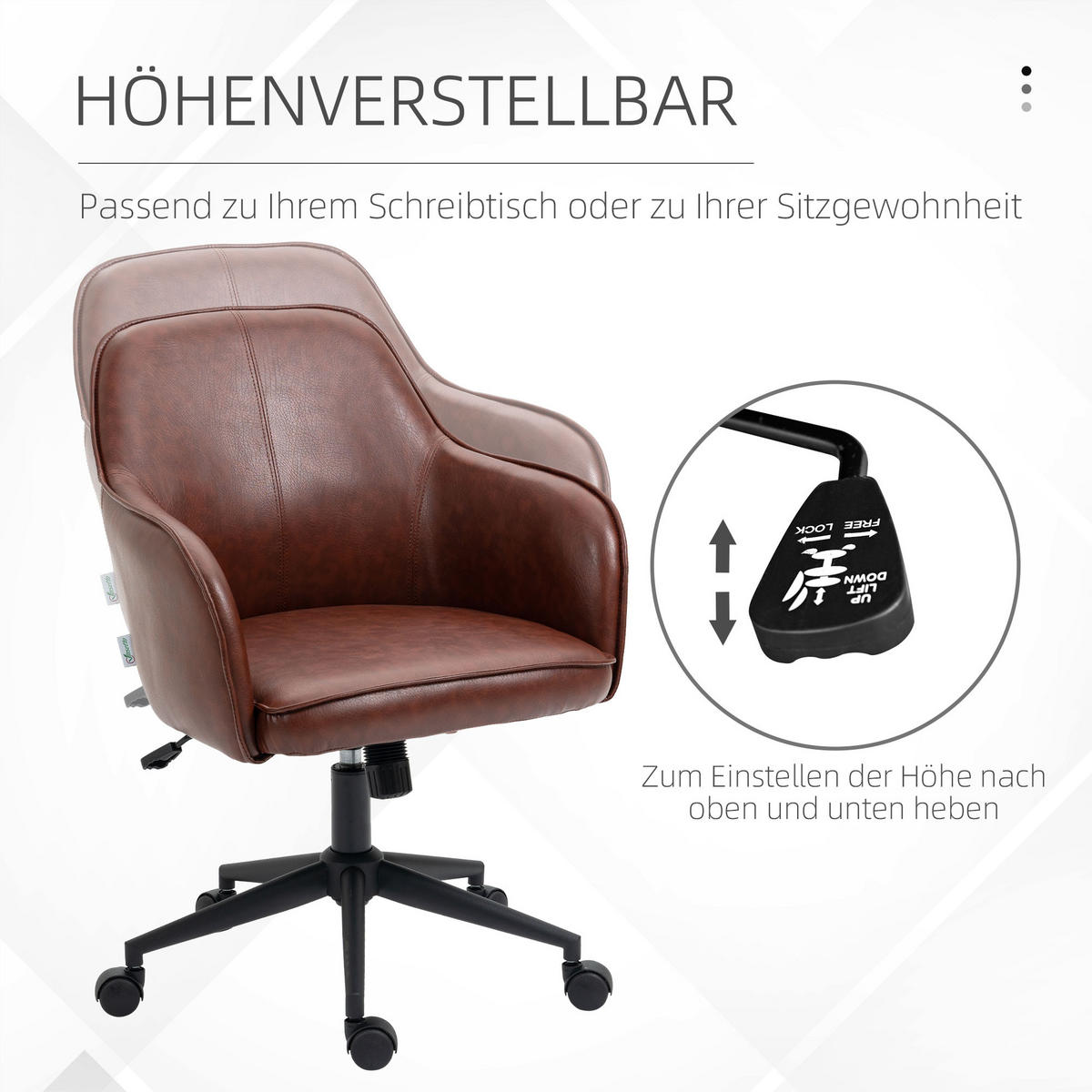 BÜROSTUHL mit Wippfunktion Höhenverstellbarer Schreibtischstuhl mit Rollen - Braun, Kunststoff (62/91/58.5cm) - Vinsetto