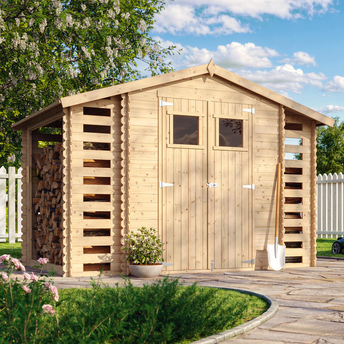 HOLZHAUS GARTENHAUS mit Brennholzschuppen M391+M391G - mit imprägniertem Boden - 3,53 + 0,97 + 0,97 m2 - Beige, Holz (328/218/206cm) - Timbela