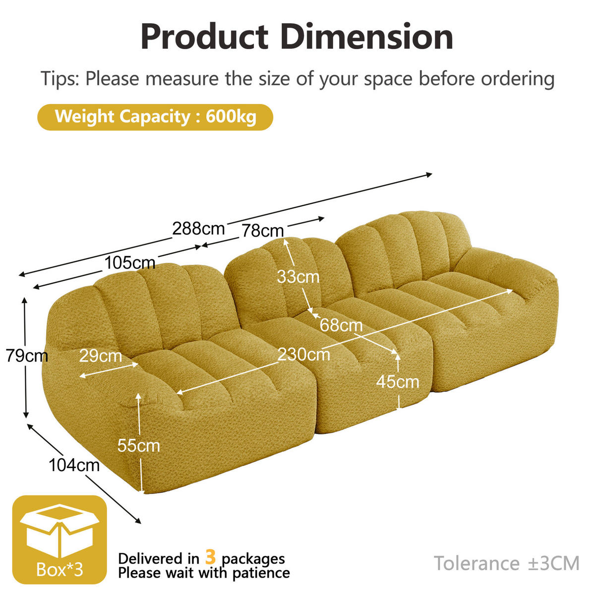 3-SITZER Modulsofa aus Granuliertem Fleece mit boneless Design Gelb - Gelb, Textil (104/79/288cm) - Modenvie