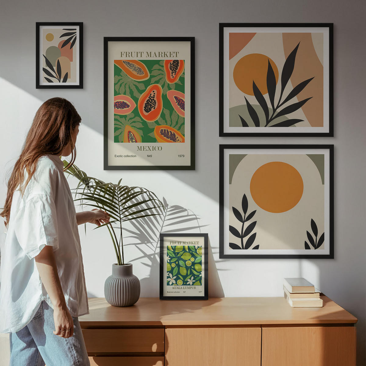 BILDER SET 5er Set - 50x50 cm & 20x30 cm & 40x60 cm Schwarzer Rahmen - Fruchtmuster der italienischen Kultur - Schwarz, Kunststoff (40/60cm) - TULUP