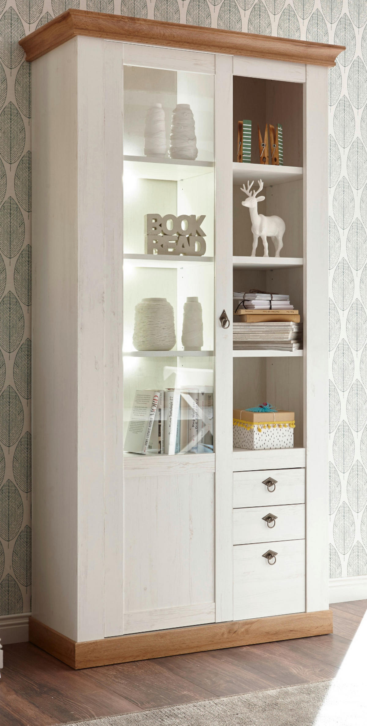 VITRINE weiß Pinie, Eiche Wotan 102 x 200 cm, Vitrinenschrank mit 10 Fächern - Silberfarben/Eiche Wotan, Glas/Holzwerkstoff (102/204/44cm) - Furn.Design