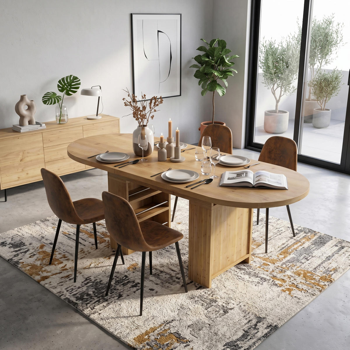 ESSGRUPPE 1+4 Ausziehbarer Tisch 150-200cm Eiche & 4 Vintage Stühle Braun - Eichefarben, Holzwerkstoff (200/76/90cm) - Urban Meuble