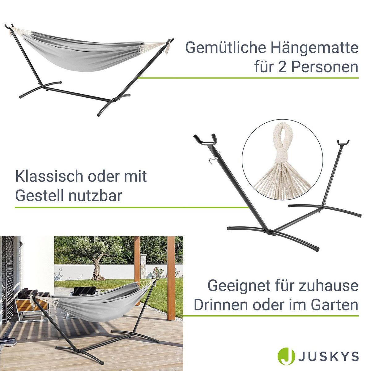 HÄNGEMATTE Paya hellgrau 281x107x96 cm - Hellgrau, Textil/Metall (109/101/279cm) - Juskys