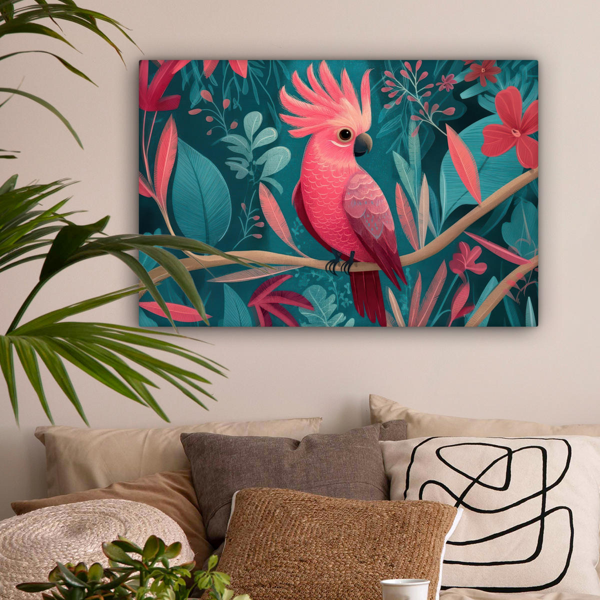 LEINWANDBILD Kakadu - Tropische Blätter - Zweig Wanddeko 90x60 cm - Petrol, Textil (90/60cm) - MuchoWow