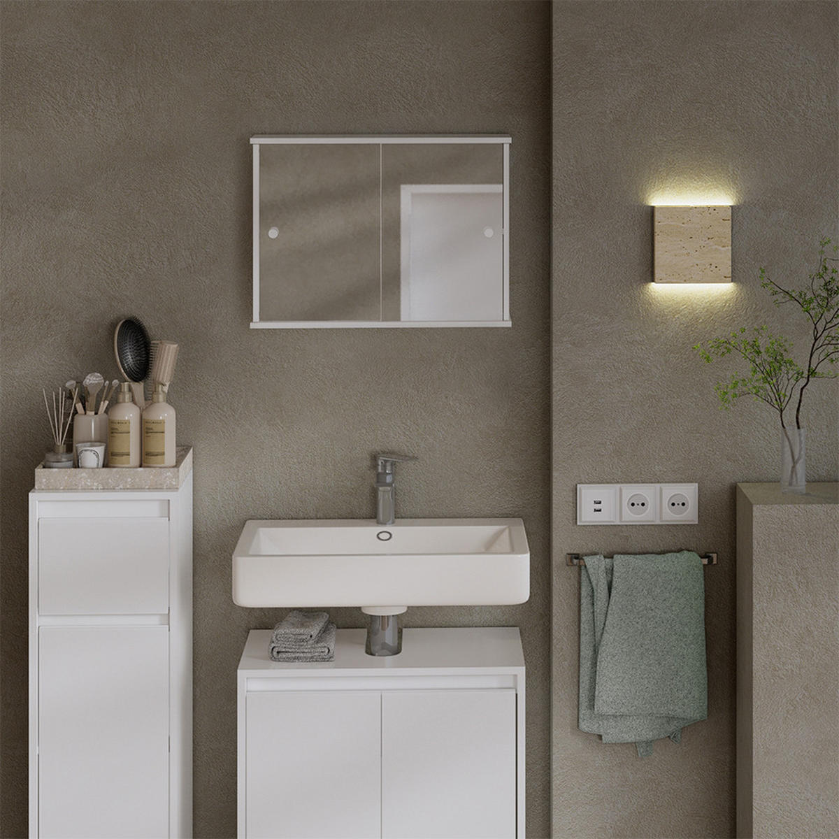 BADSPIEGELSCHRANK Mireo Weiß 55 x 40 cm mit 2 Schiebetüren - Weiß, Holzwerkstoff (55/40/14cm) - Vicco