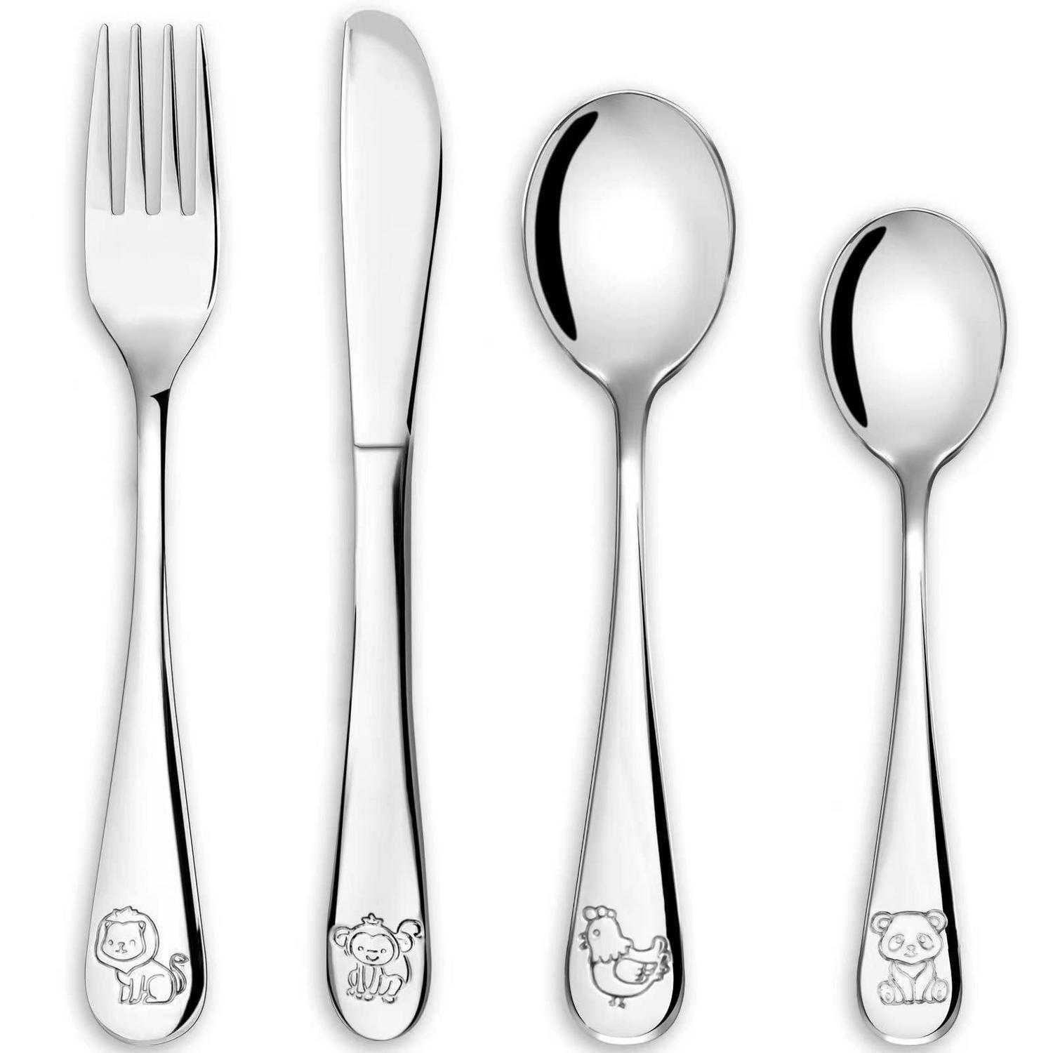 KINDERBESTECK Set 4-teilig Edelstahl Tiere ab 3 Jahre Spülmaschinengeeignet - Silberfarben, Metall