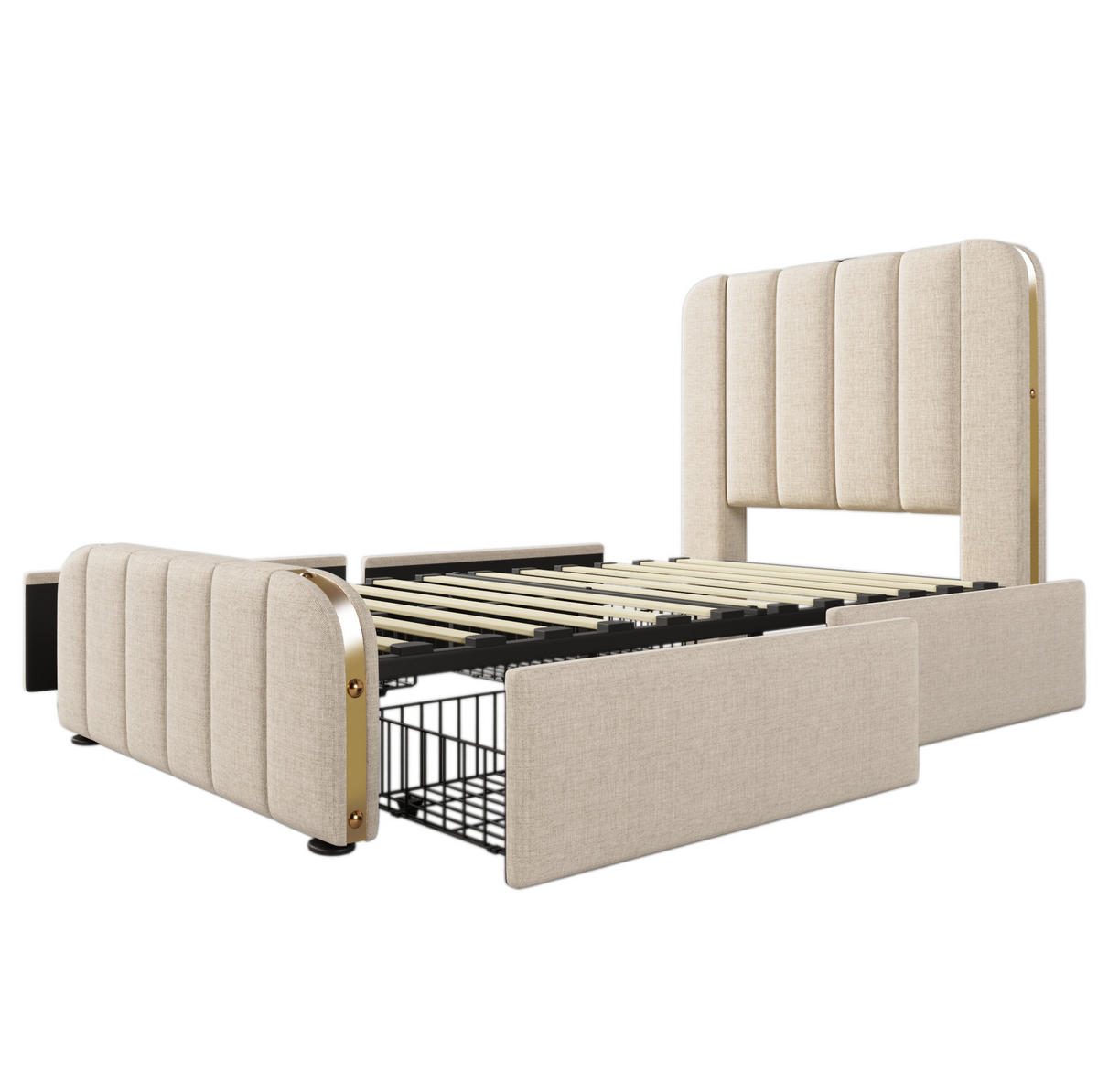 BETT mit 4 Schubladen 90x200 cm Leinen Beige - Beige, Metall (90/200cm) - Meubliv