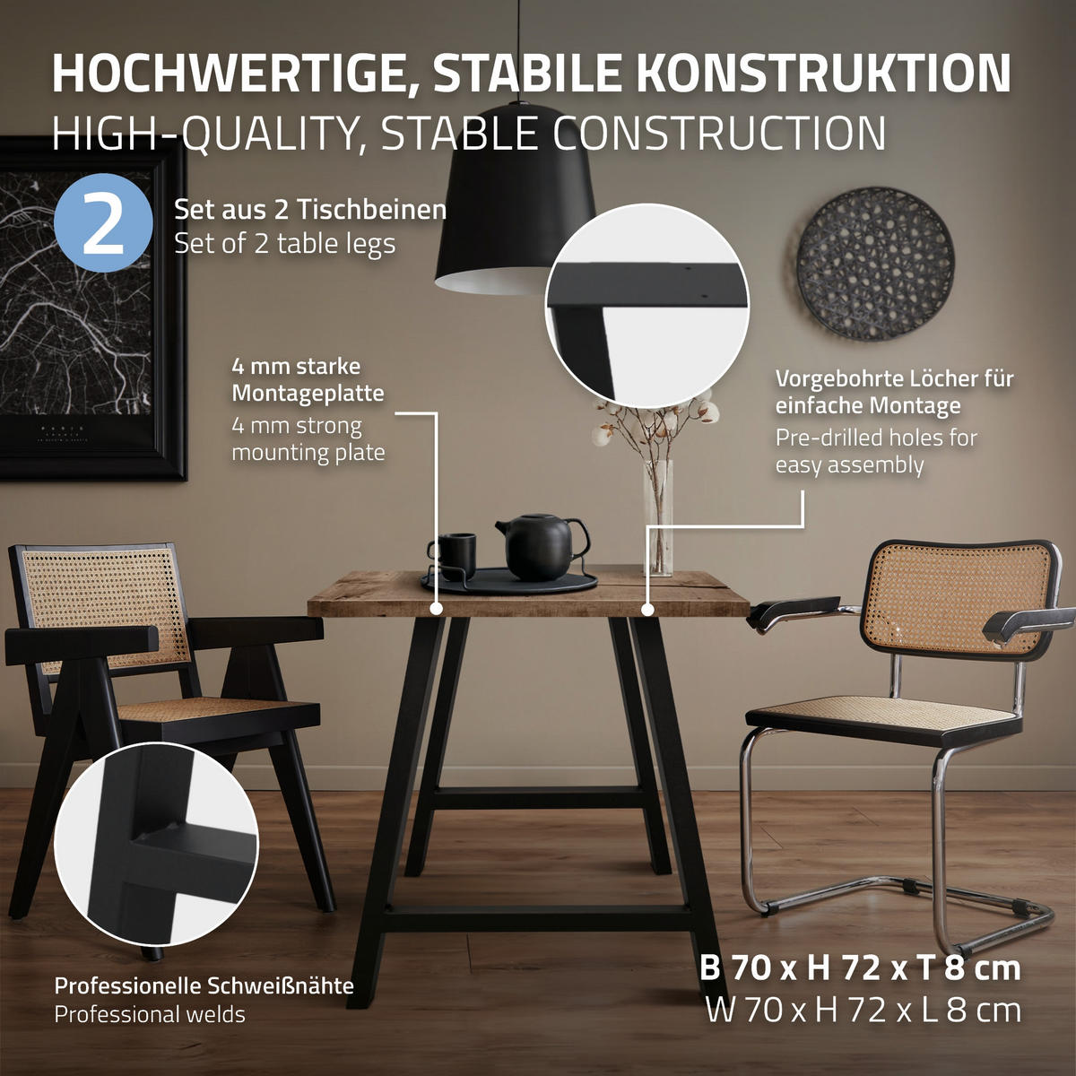 TISCHBEINE 2er Set 70 x 72 cm Schwarz A-Form - Schwarz, Metall (72/8/70cm) - ECD-Germany