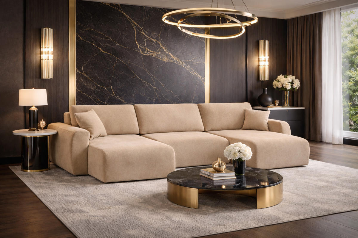 ECKSOFA Mit Schlaffunktion Und Bettkasten U-Form Ariel U, Veloursstoff Salvador, Beige - Beige, Holz (342/142cm) - Kaiser Möbel