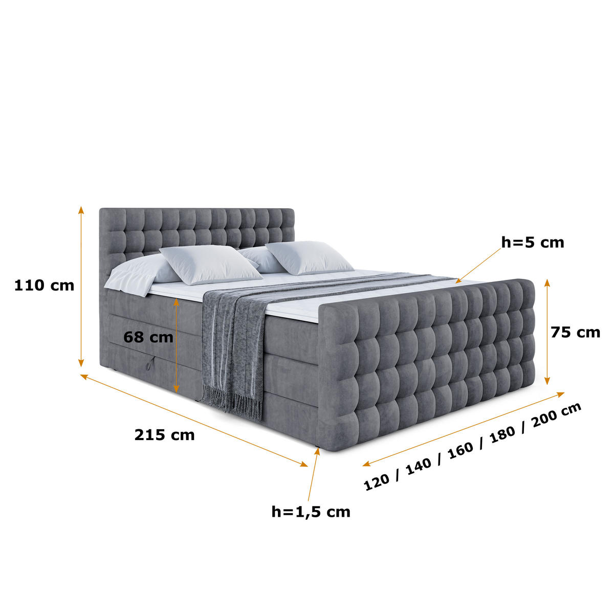 BOXSPRINGBETT VIONE-Z KING - 120 x 200 - H3/H4 - Dunkelgrau - Dunkelgrau, Holzwerkstoff (120/200cm) - ALTDECOR