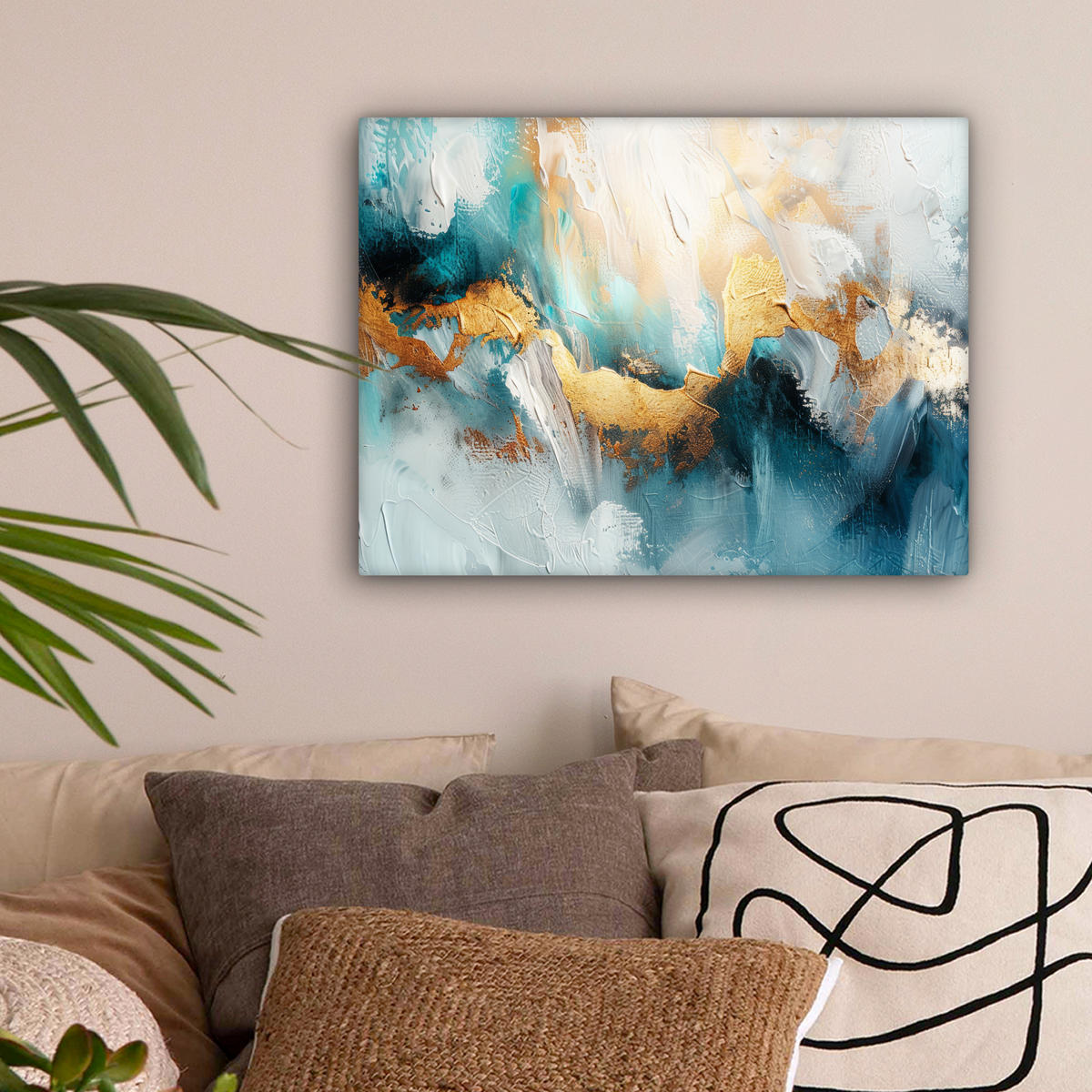 LEINWANDBILD Abstrakt - Kunst - Gold - Blau Wandbild 40x30 cm - Petrol, Textil (40/30cm) - MuchoWow