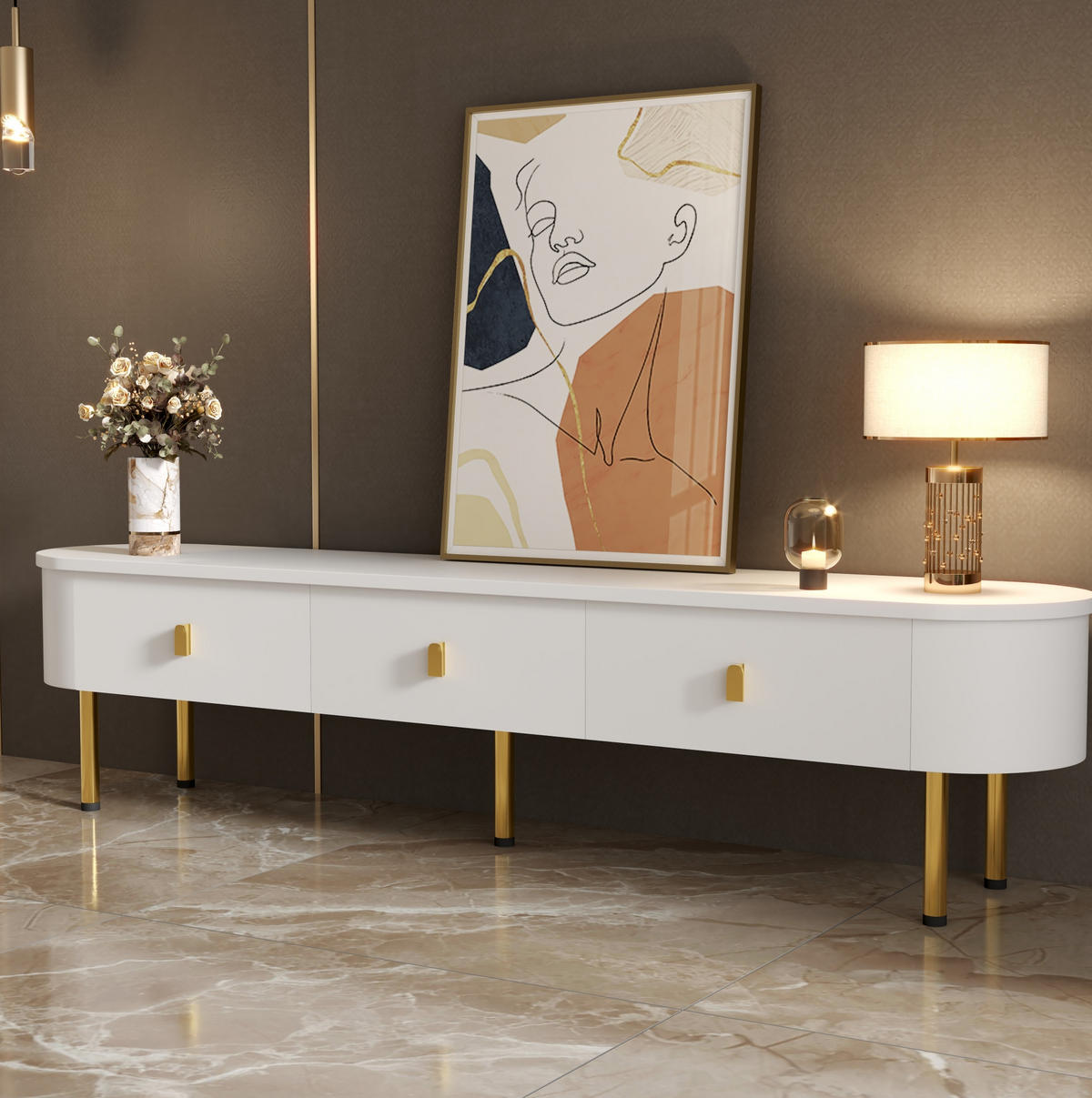 NÍZKÁ komoda z MDF, 174/35/41 cm bílá se zlatými detaily, se 3 zásuvkami - bílá, kompozitní dřevo (174/41/35cm) - BEAOK
