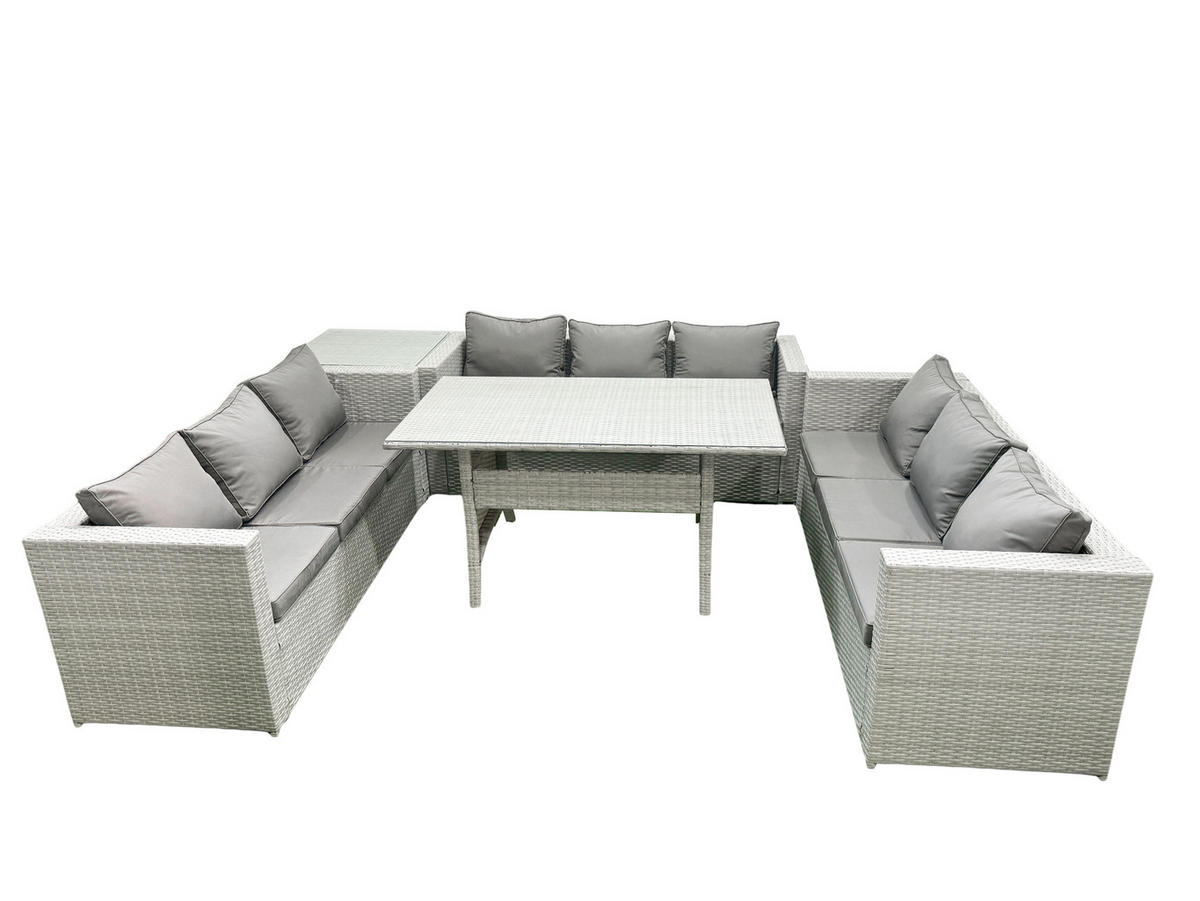 GARTENSET mit Esstisch,Sofa ,Beistelltisch Polyrattan Hellgrau 9-Sitzer - Hellgrau/Grau, Glas/Kunststoff - Fimous