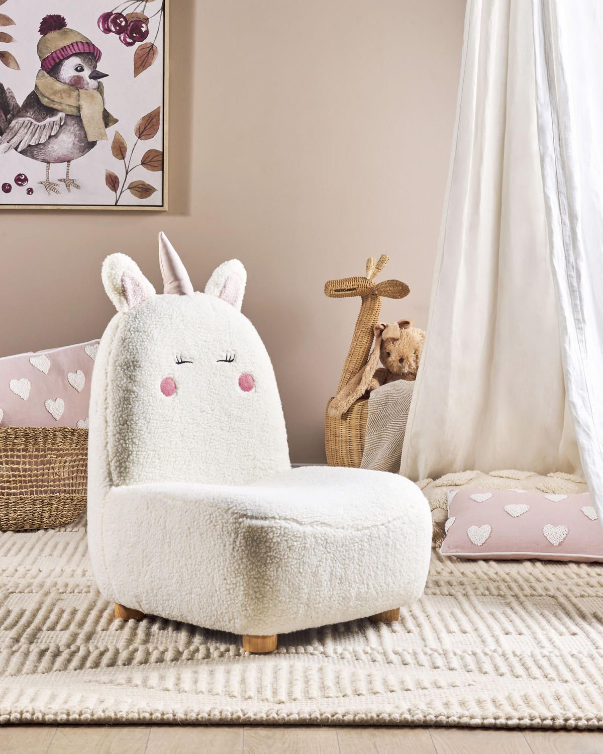 KINDERSESSEL Teddy-Optik cremeweiß Tierform Einhorn Lulea - Hellbraun/Weiß, Kunststoff/Textil (50/75/54cm) - Beliani