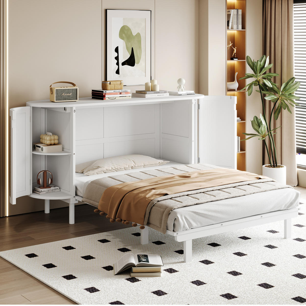 KLAPPBETT 140/200 cm Weiß Rattan-Design mit Lattenrost und Stauraum - Weiß, Holzwerkstoff (140/200cm) - OKWISH