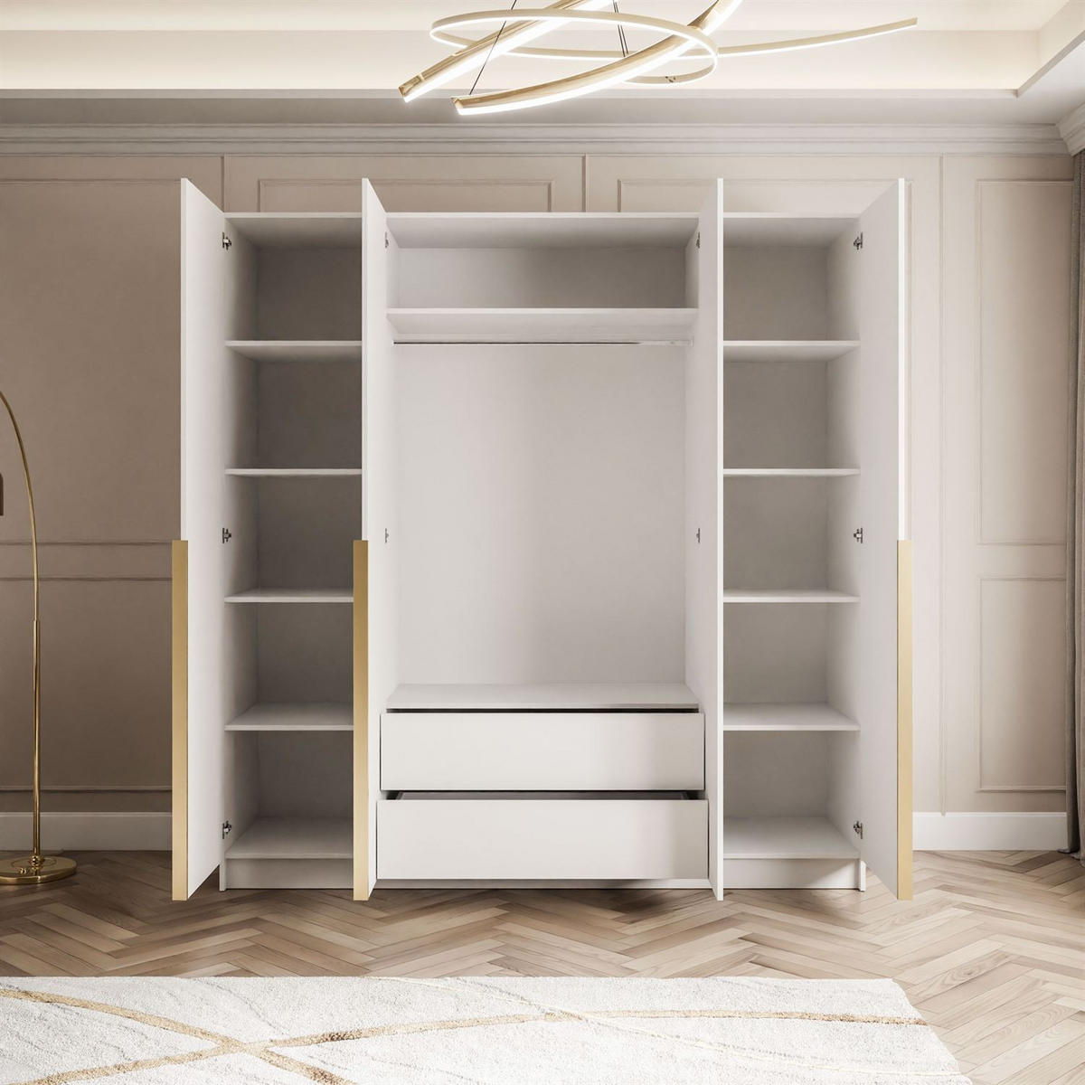 KLEIDERSCHRANK AUREL 4D mit goldenen Griffen - Weiß Hochglanz/Goldfarben, Holzwerkstoff (200/200/57cm) - Lookway