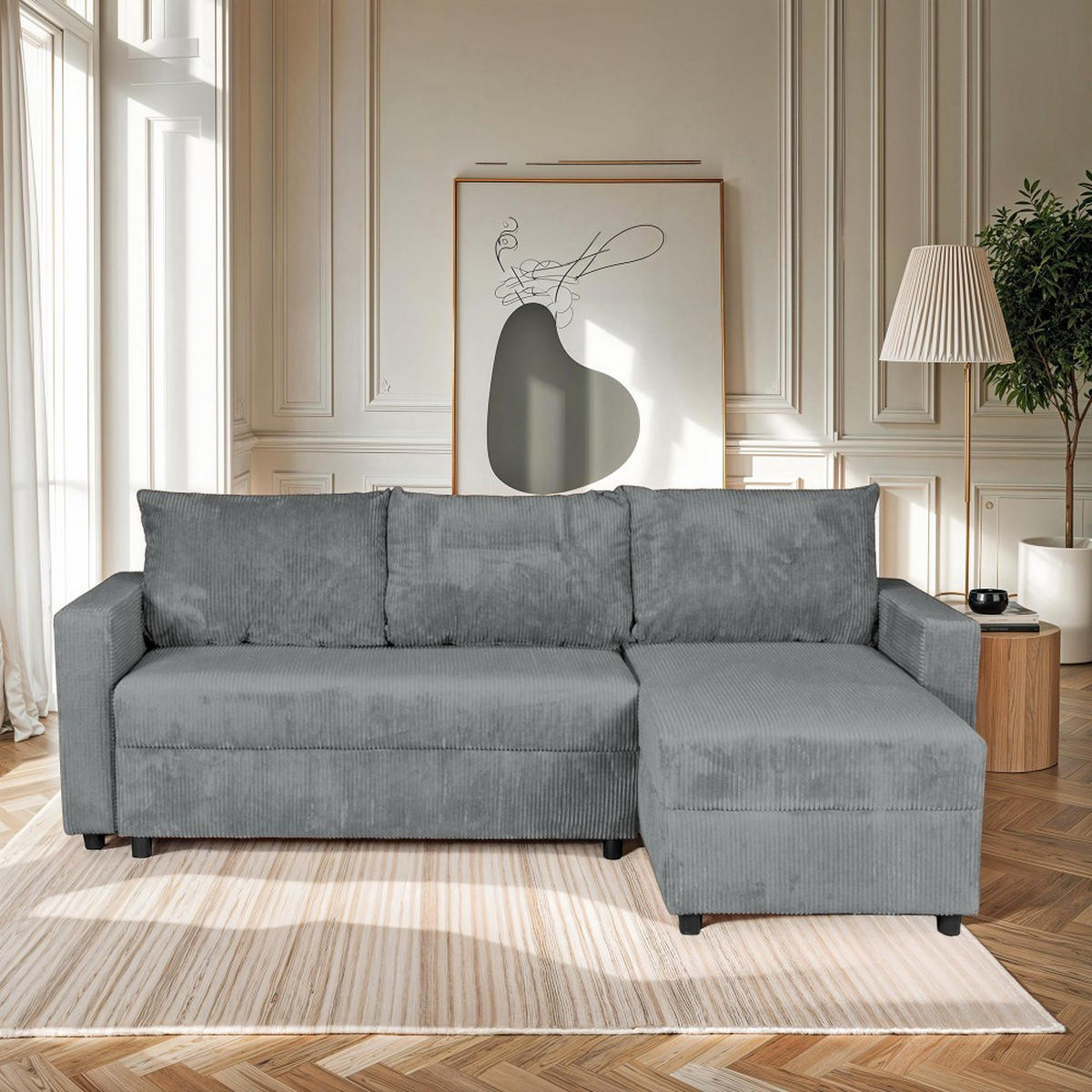 ECKSOFA THEO/ umwandelbar und wendbar, mit Truhe in Cord - Grau - Dunkelgrau, Textil (145/230cm) - Weber Industries