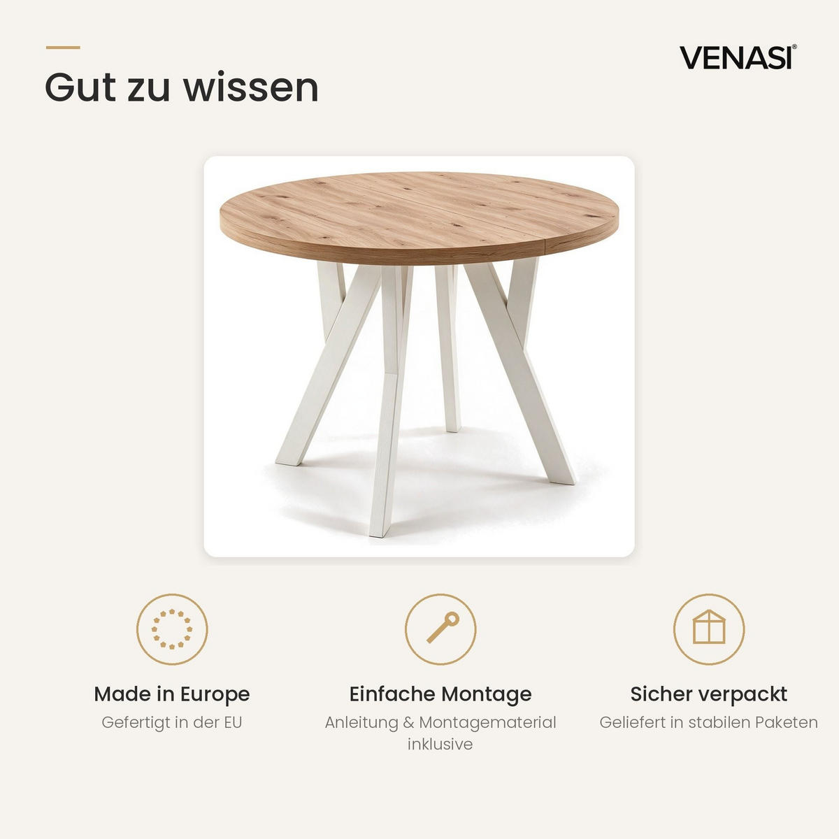 ESSTISCH ausziehbar rund ATO, 100-200 cm, Dekor Artisan, weiße Holzbeine - Dunkelbraun/Weiß, Holzwerkstoff/Buchenholz (100/100/77cm) - VENASI MÖBEL
