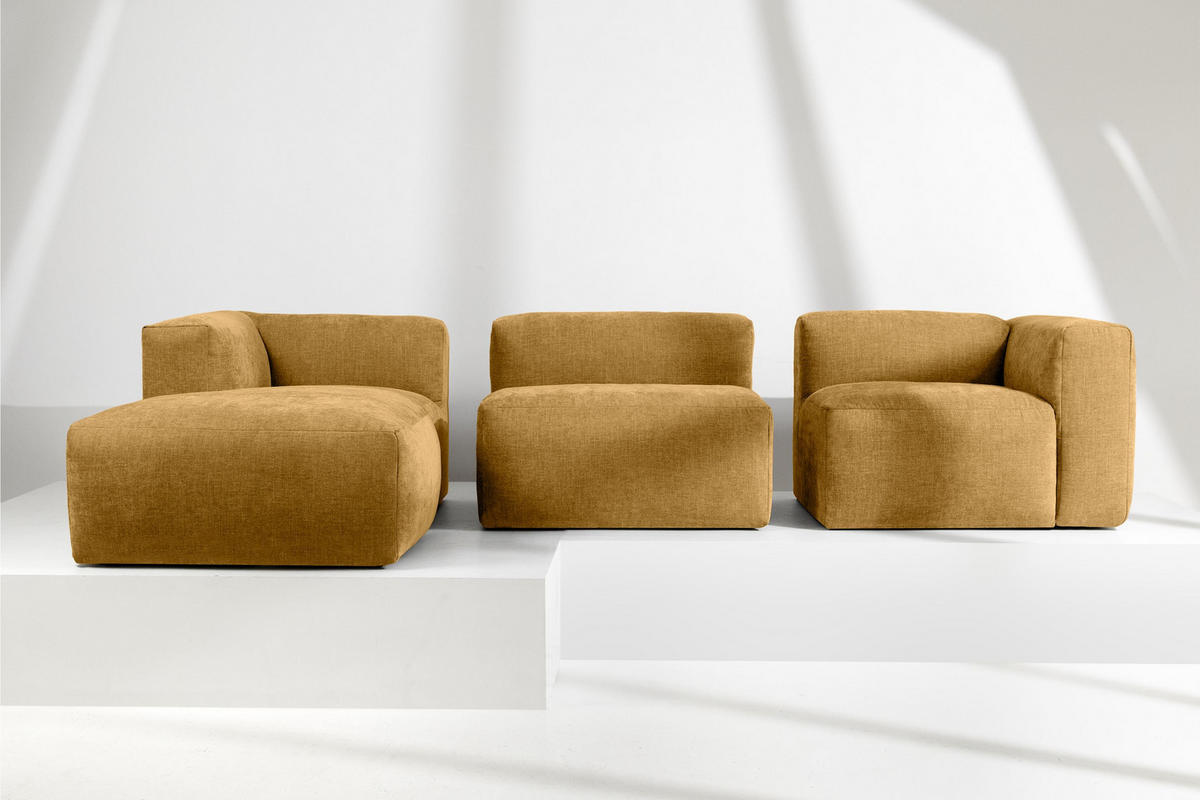 ECKMODULSOFA-LINKS BUFFO mit extrem weicher und bequemer Sitzfläche, Gewebestoff, Honig - Gelb, Textil (297/180cm) - KONSIMO®