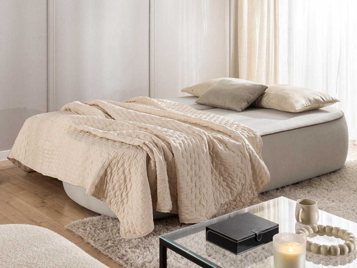 KINDERSOFA Vero im modernen und abgerundeten Design mit Schlaffunktion und Bettkasten aus Taupe Plüschstoff mit brauner Paspel - Taupe/Schwarz, Holz/Kunststoff (210/90/98cm) - S-Style Möbel