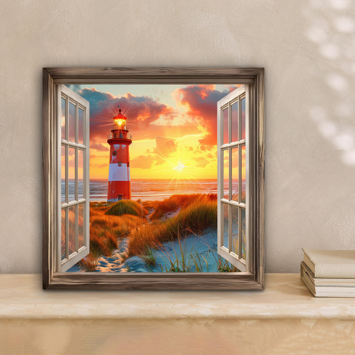 LEINWANDBILD Aussicht - Fenster - Leuchtturm - Sonnenuntergang - Strand Deko Wohnzimmer 20x20 cm - Dunkelorange, Textil (20/20cm) - MuchoWow